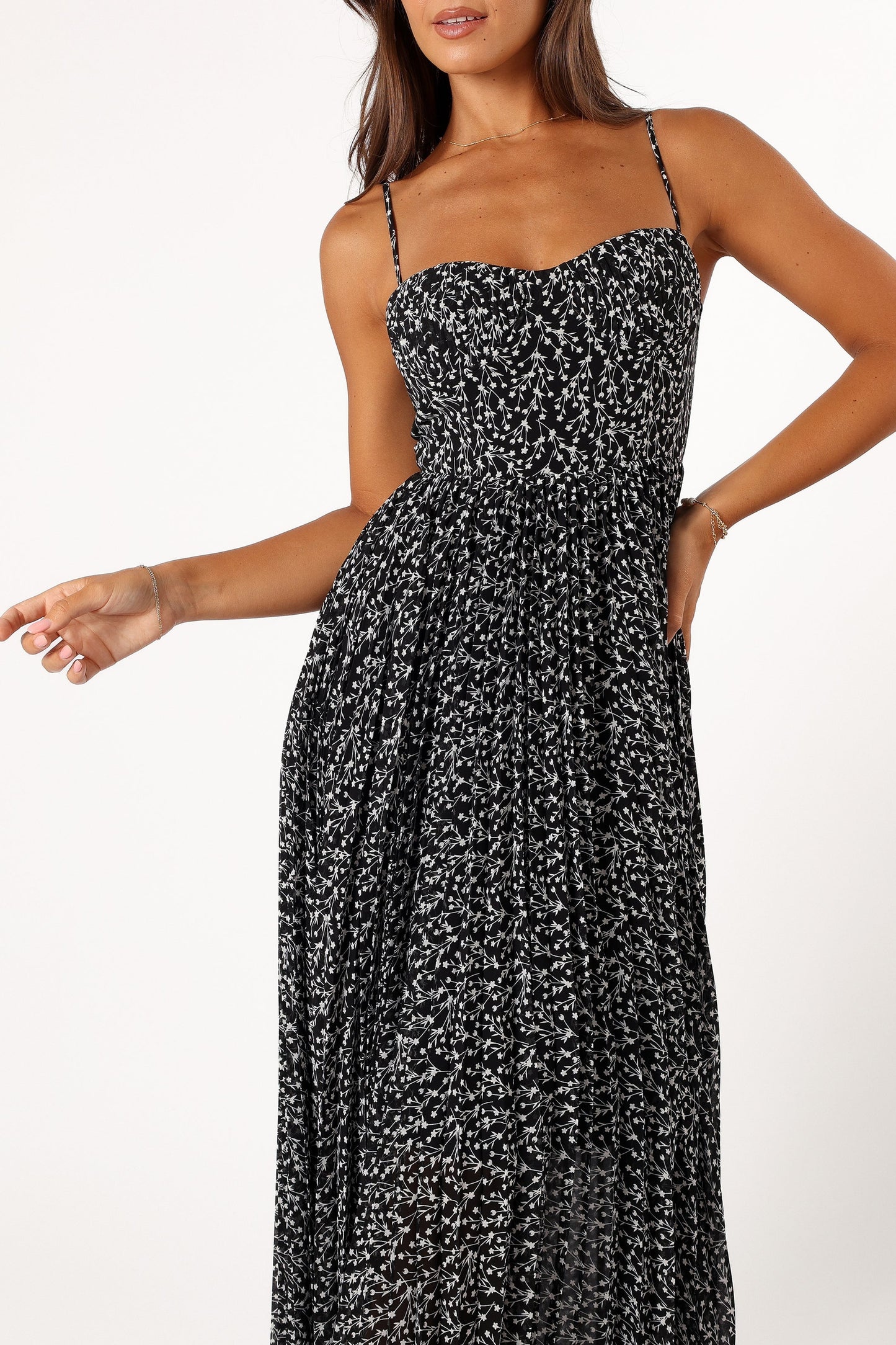 Achanti Pleated Maxi Dress in Pink Azalea Black Floral 10