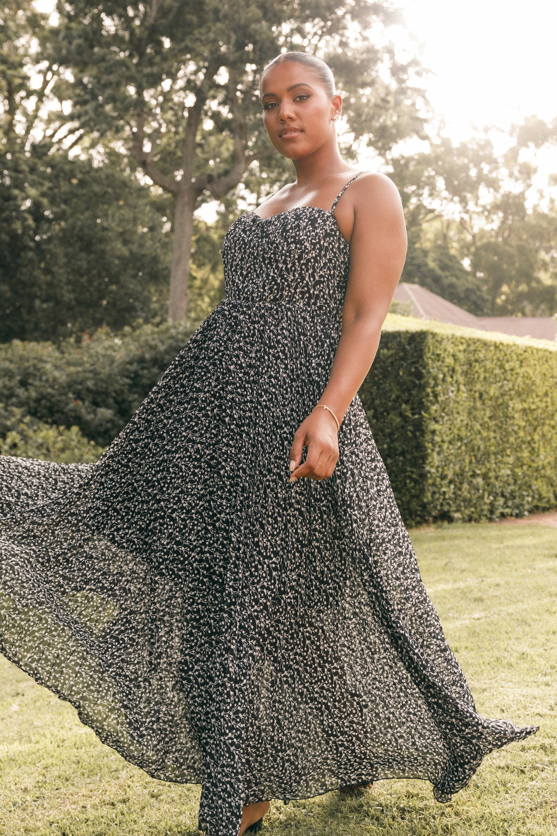 Achanti Pleated Maxi Dress in Pink Azalea Black Floral 3