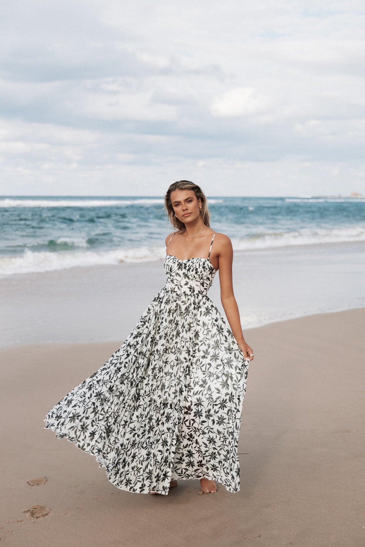 Achanti Pleated Maxi Dress in Pink Multi White Black Floral 1