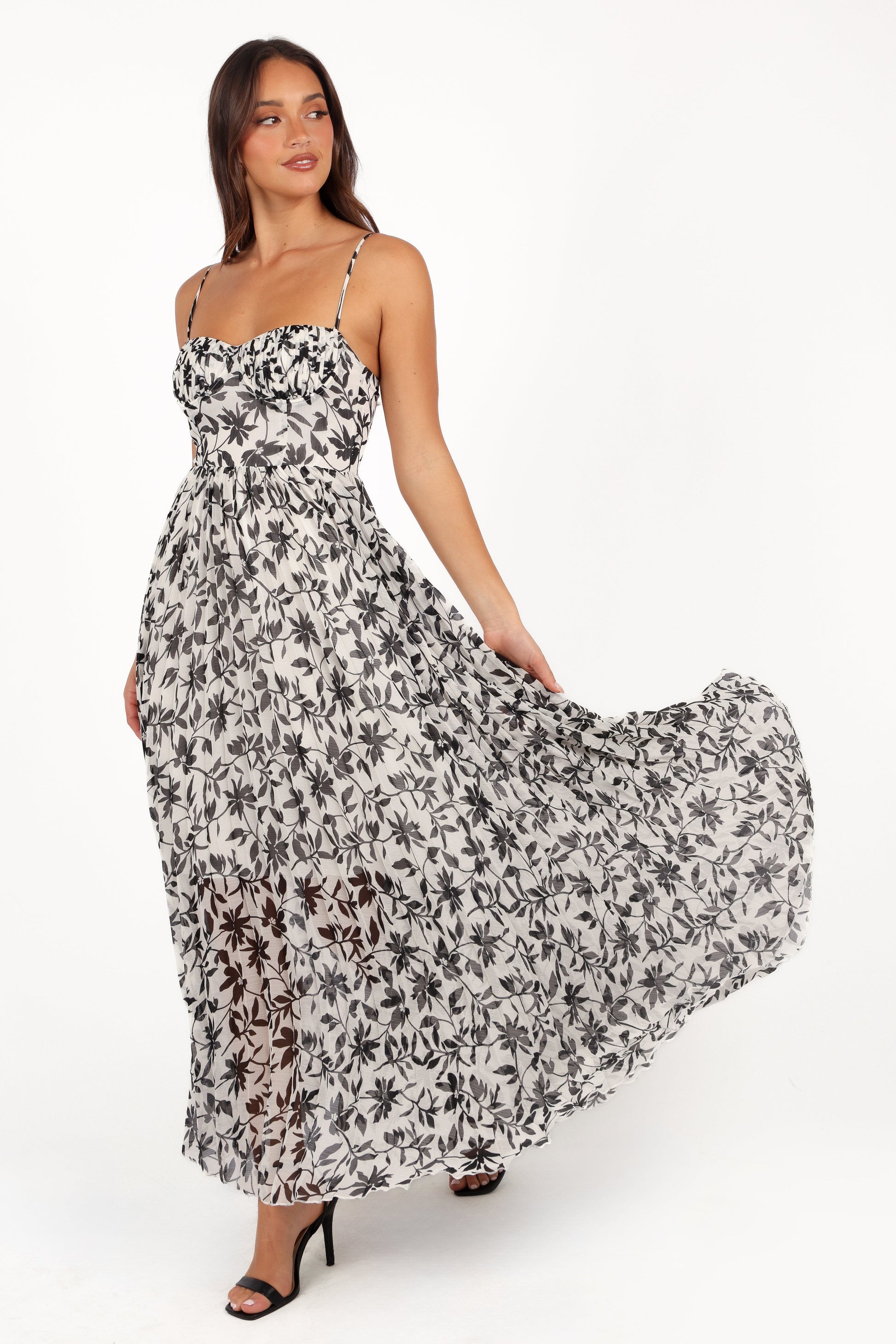 Achanti Pleated Maxi Dress in Pink Azalea White Black Floral 3