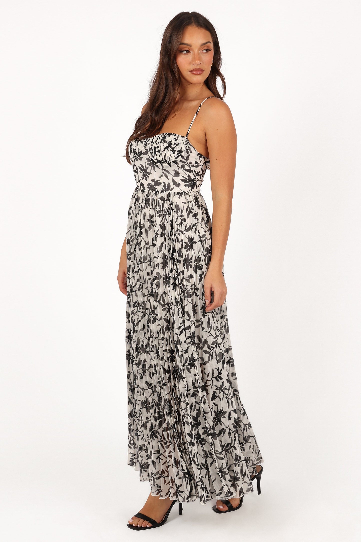Achanti Pleated Maxi Dress in Pink Azalea White Black Floral 6
