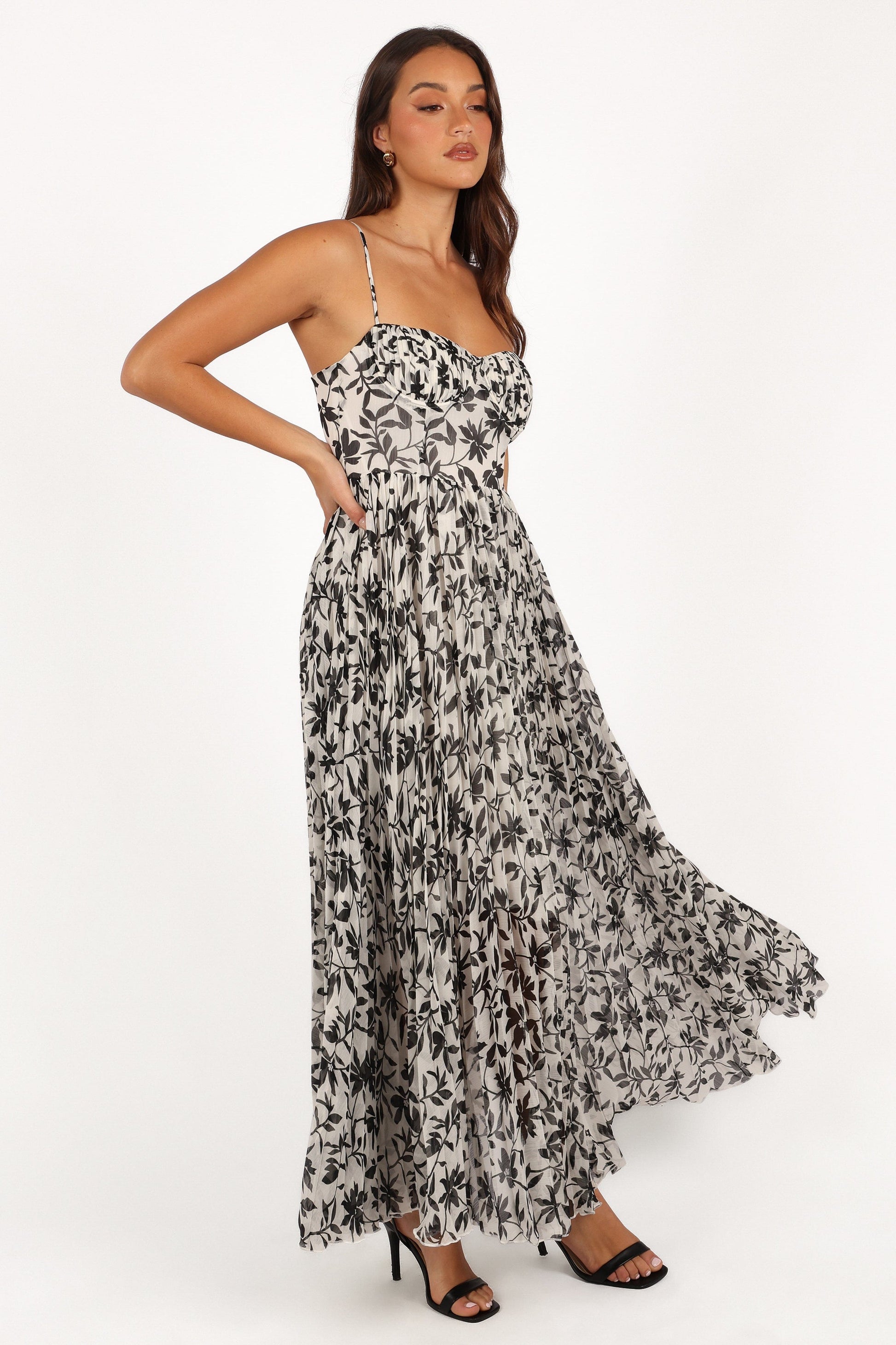 Achanti Pleated Maxi Dress in Pink Multi White Black Floral 8