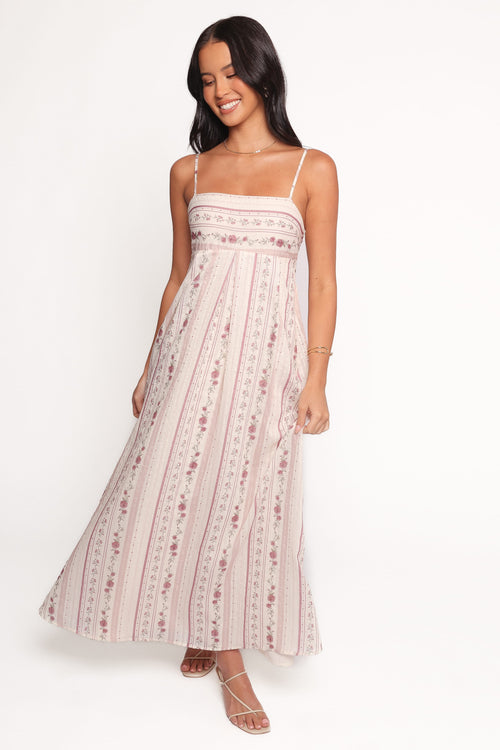 Amaris Silk Maxi Dress Ivory Mauve Floral 1