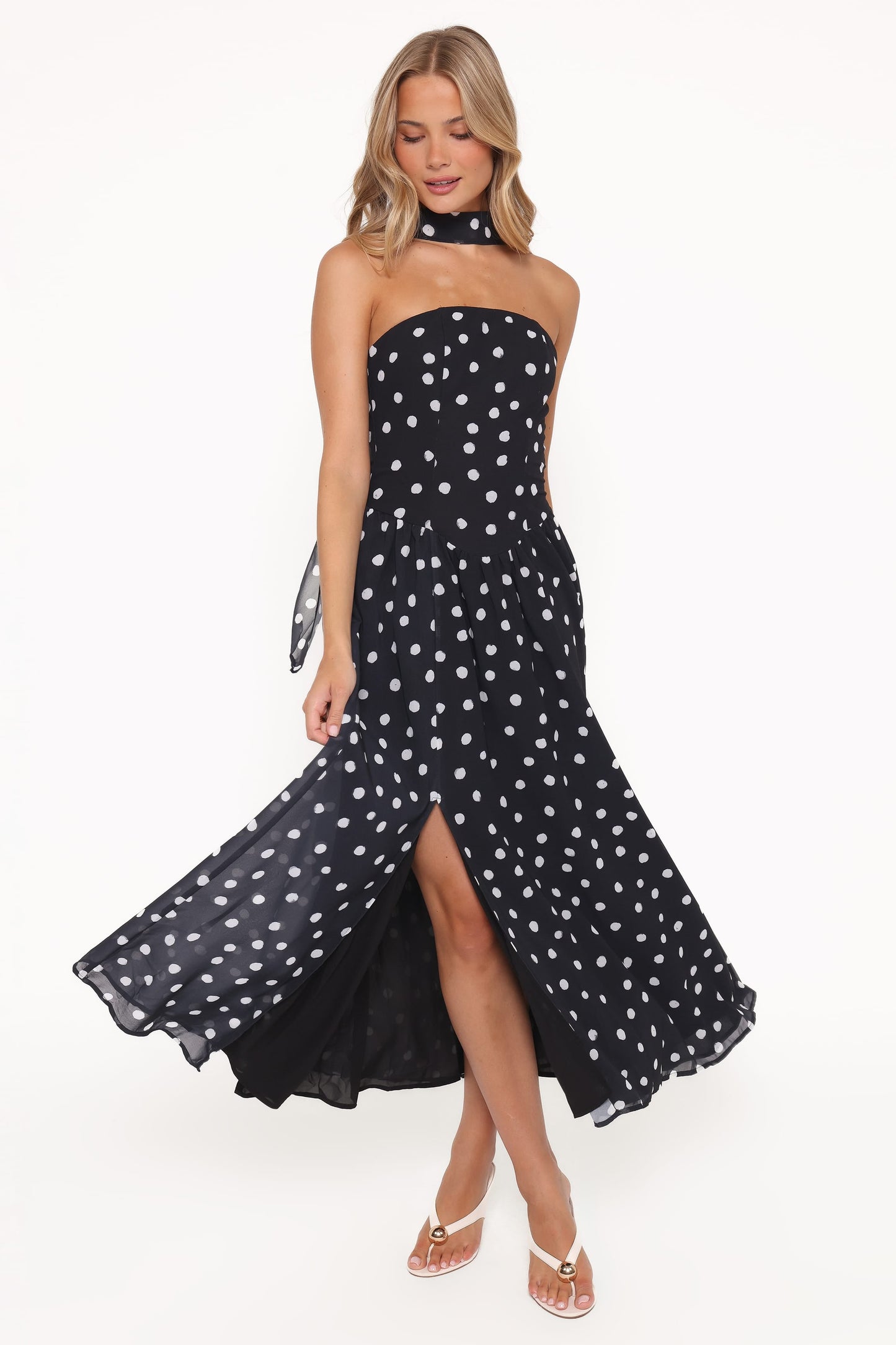 Charlotte Strapless Maxi Dress Black Polka Dot 1