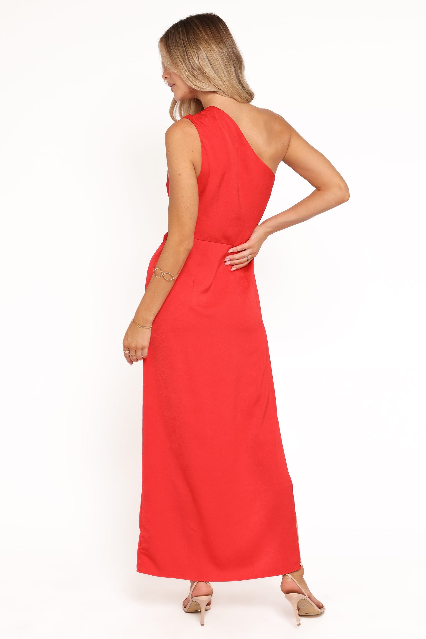 Nadia One-Shoulder Maxi Dress in Navy Red Jacquard Satin 5