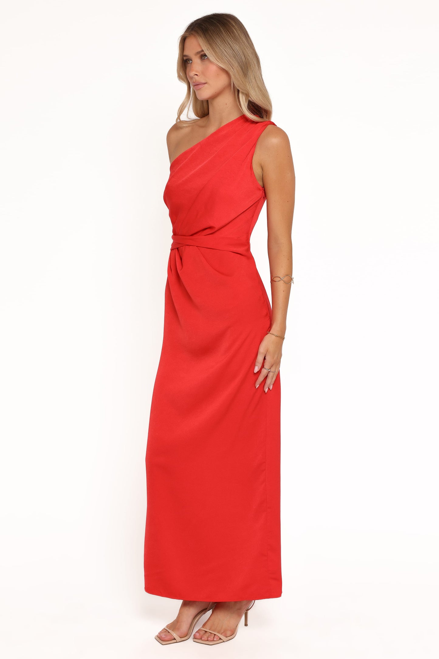 Nadia One-Shoulder Maxi Dress in Navy Red Jacquard Satin 3