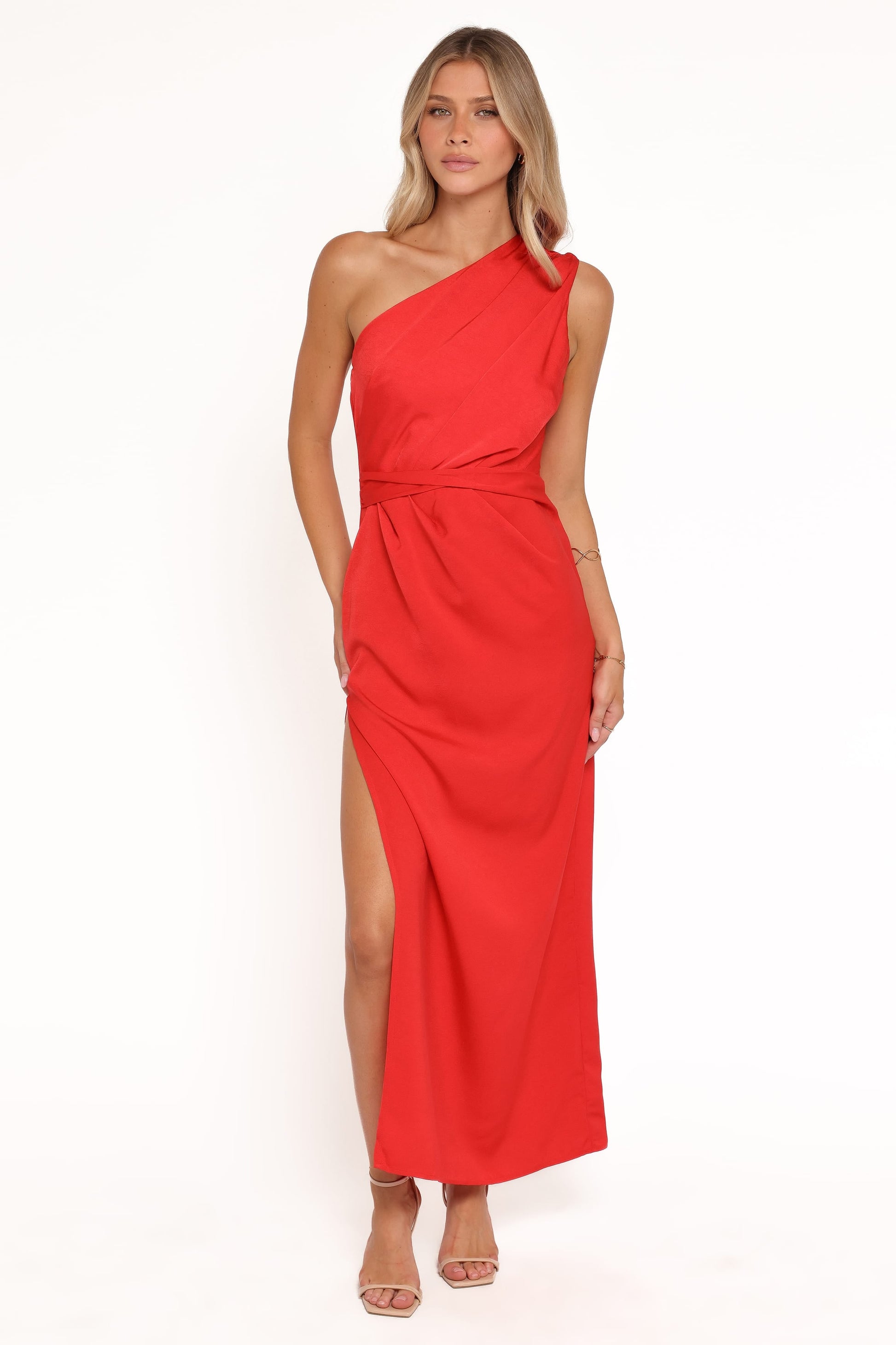 Nadia One-Shoulder Maxi Dress in Navy Red Jacquard Satin 6