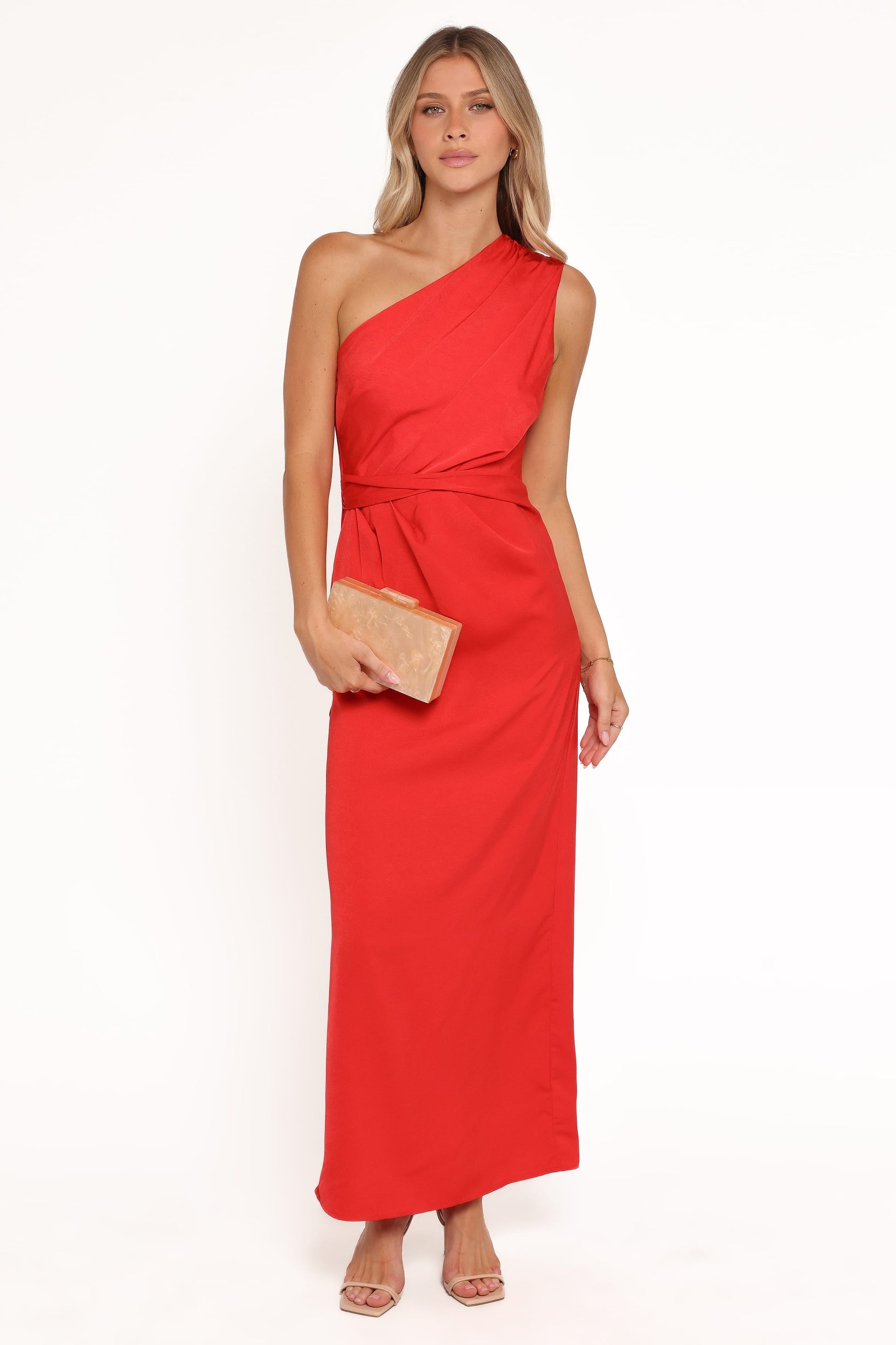 Nadia One-Shoulder Maxi Dress in Navy Red Jacquard Satin 1