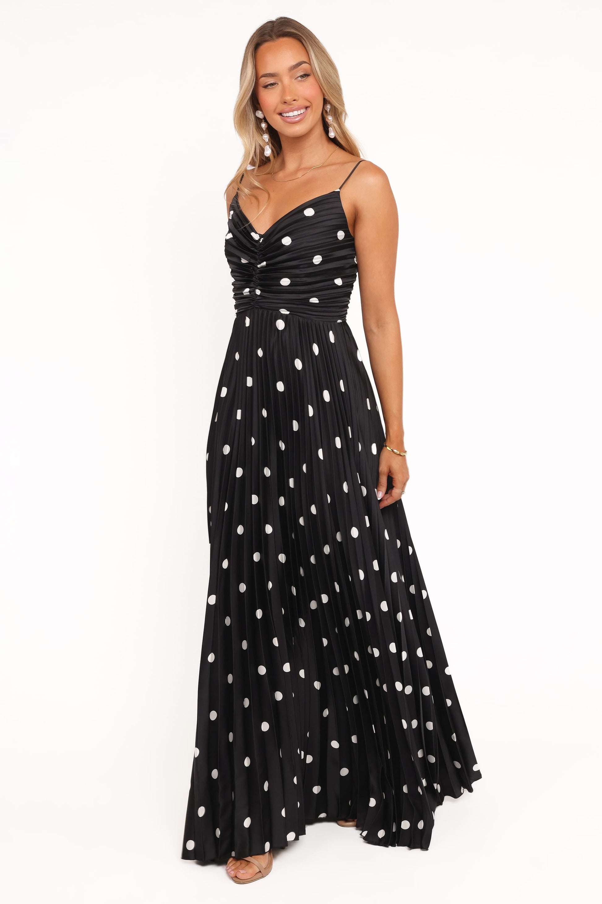 Naira Pleated Maxi Dress Black Polka Dot 5