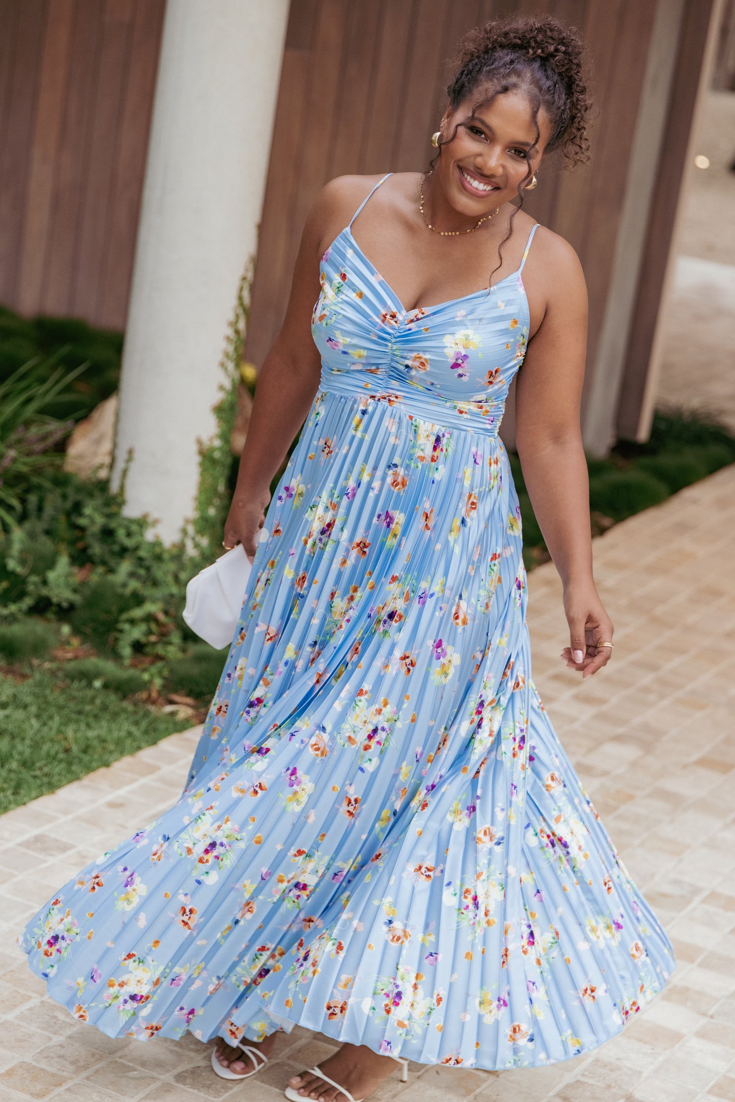 Naira Pleated Maxi Dress Cornflower Blue Floral 8