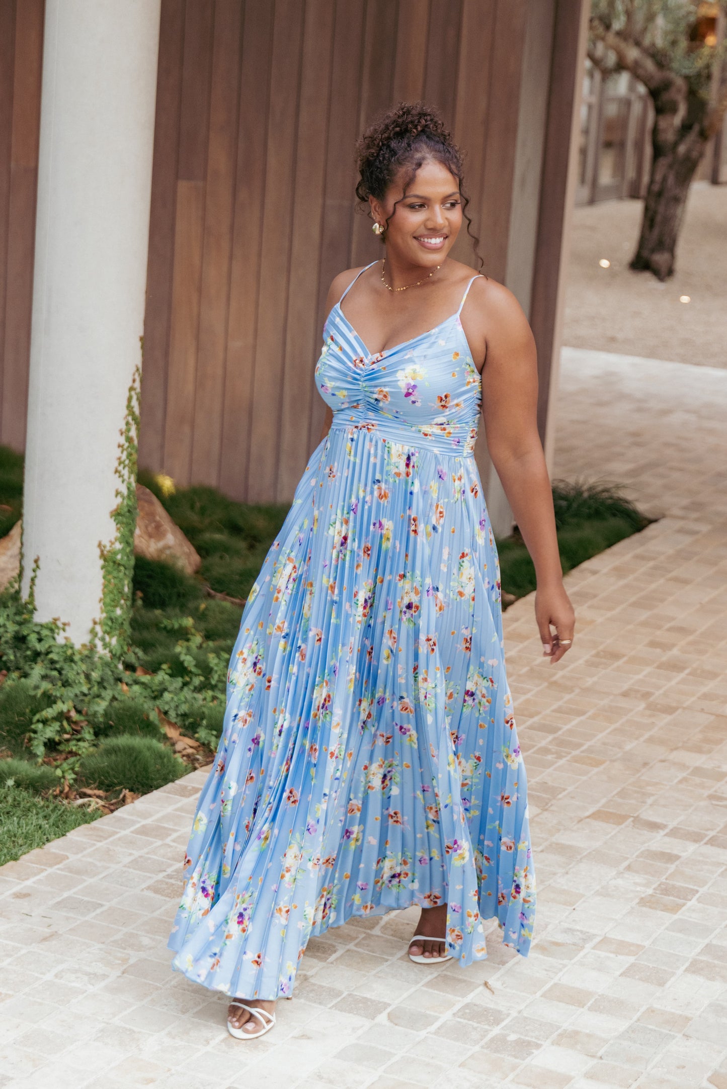 Naira Pleated Maxi Dress Cornflower Blue Floral 1