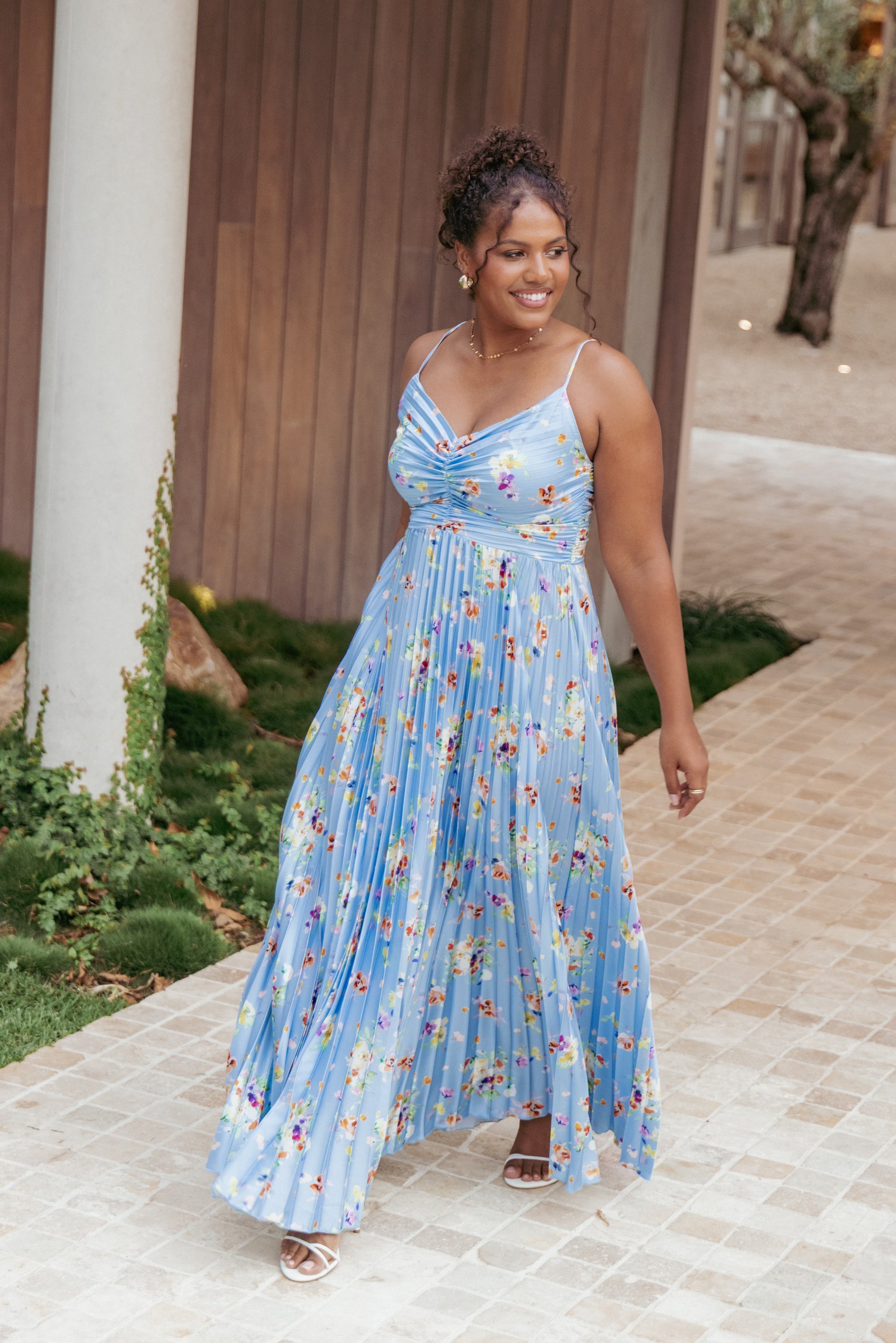 Naira Pleated Maxi Dress Cornflower Blue Floral 1