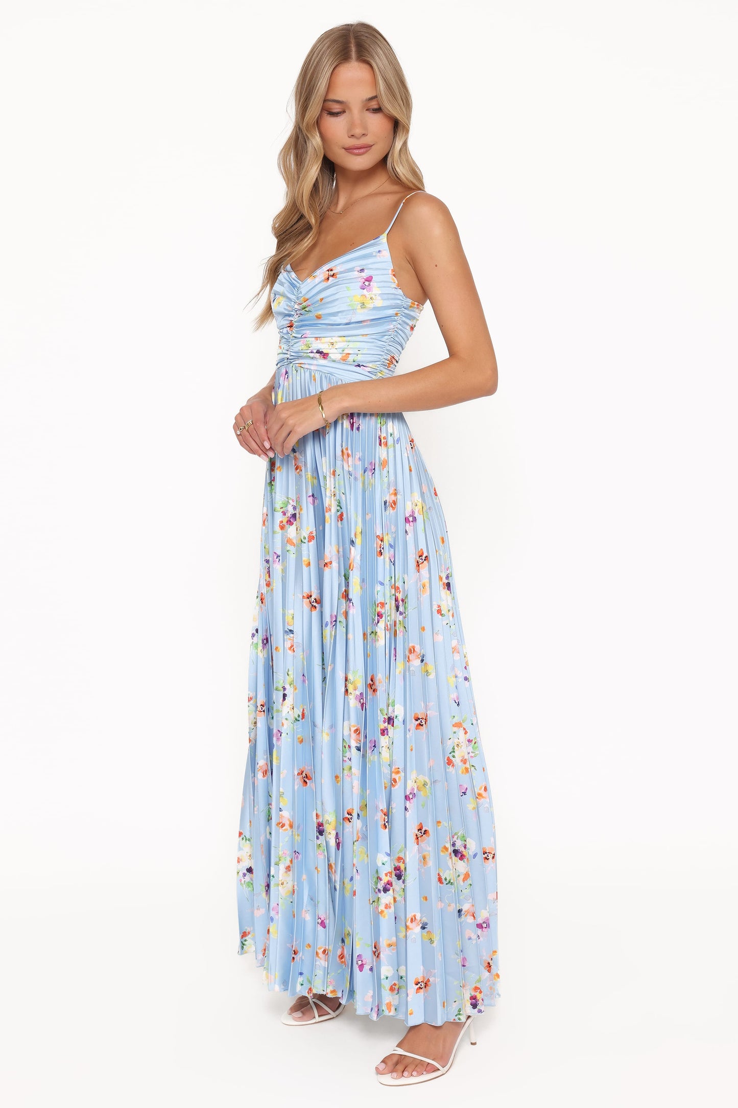Naira Pleated Maxi Dress Cornflower Blue Floral 4