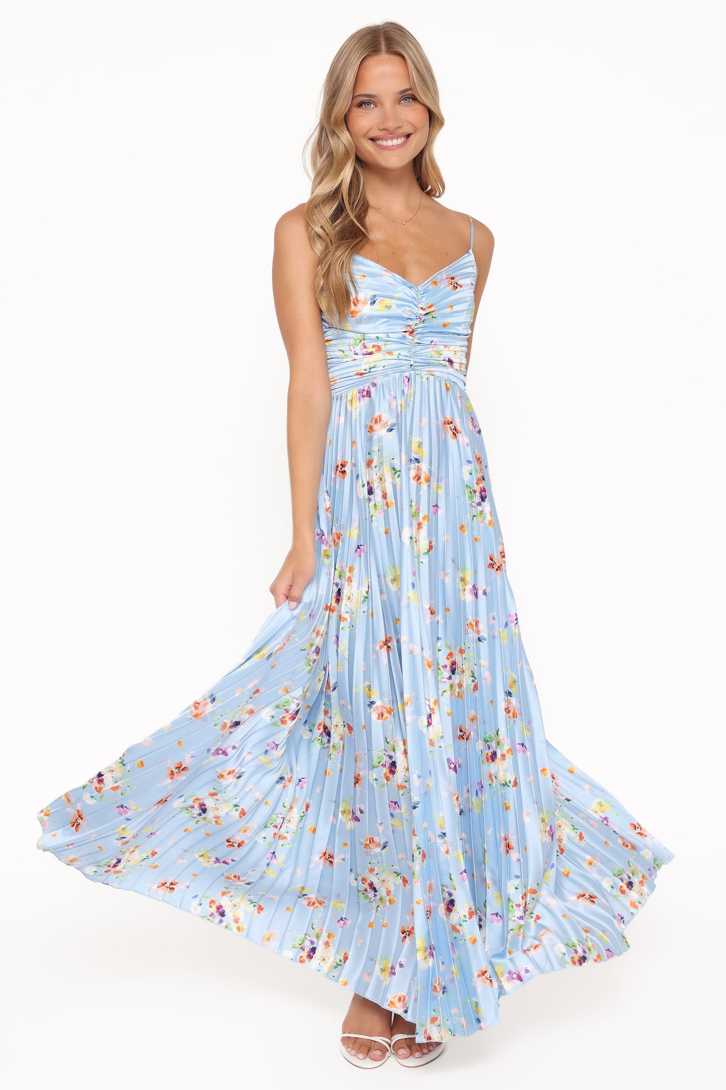 Naira Pleated Maxi Dress Cornflower Blue Floral 2