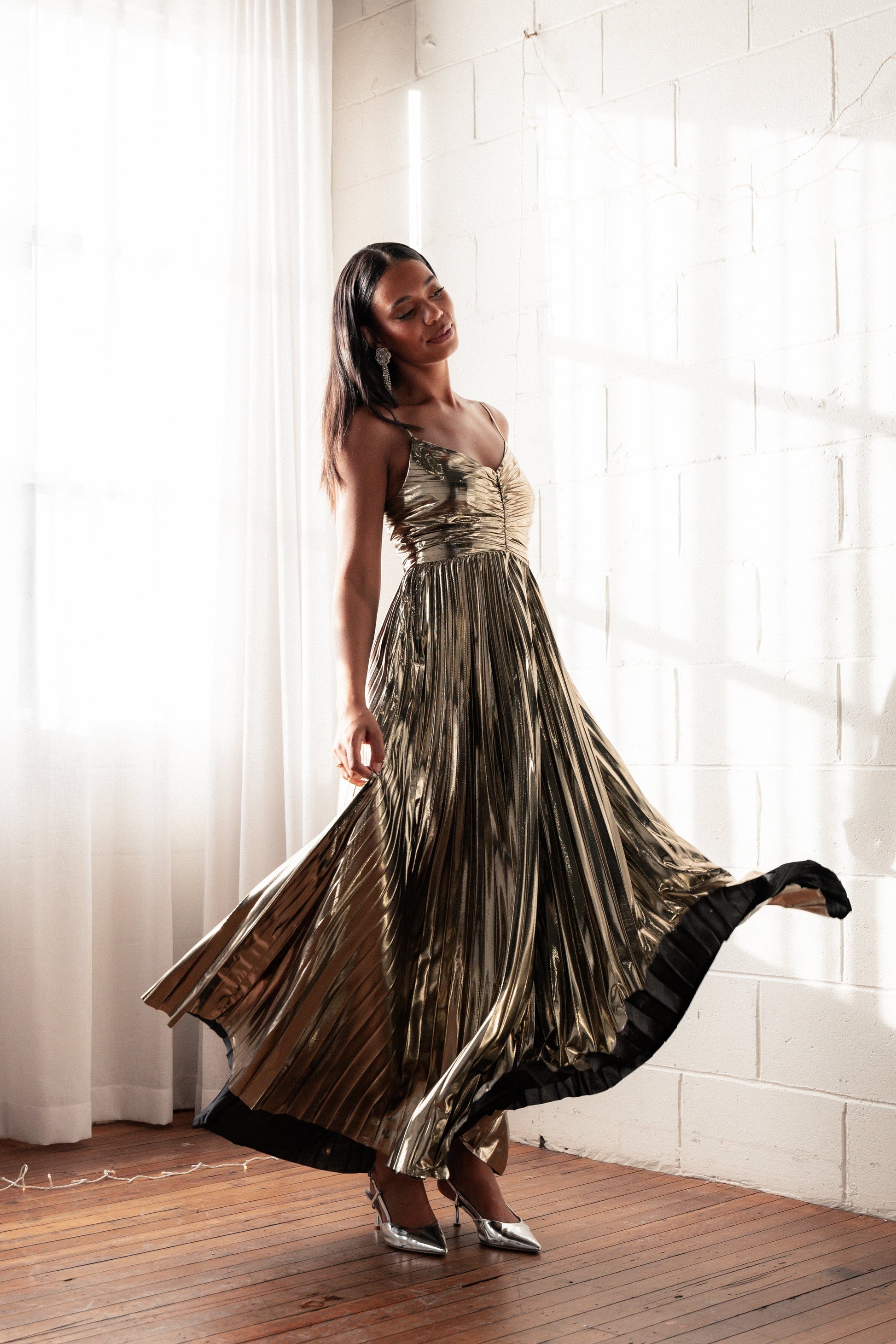 Naira Pleated Maxi Dress Gold 2