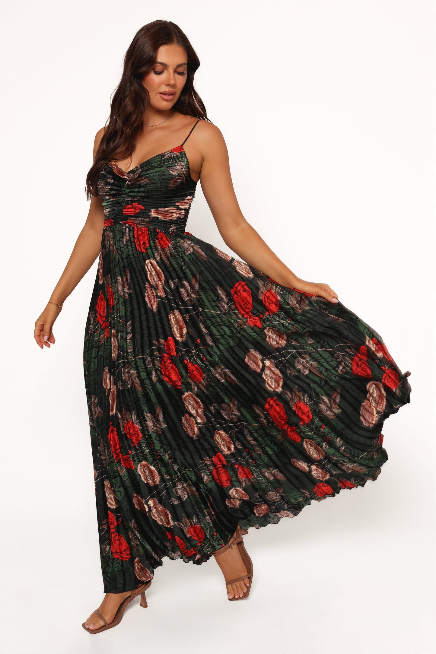 Naira Pleated Maxi Dress Green Floral 1