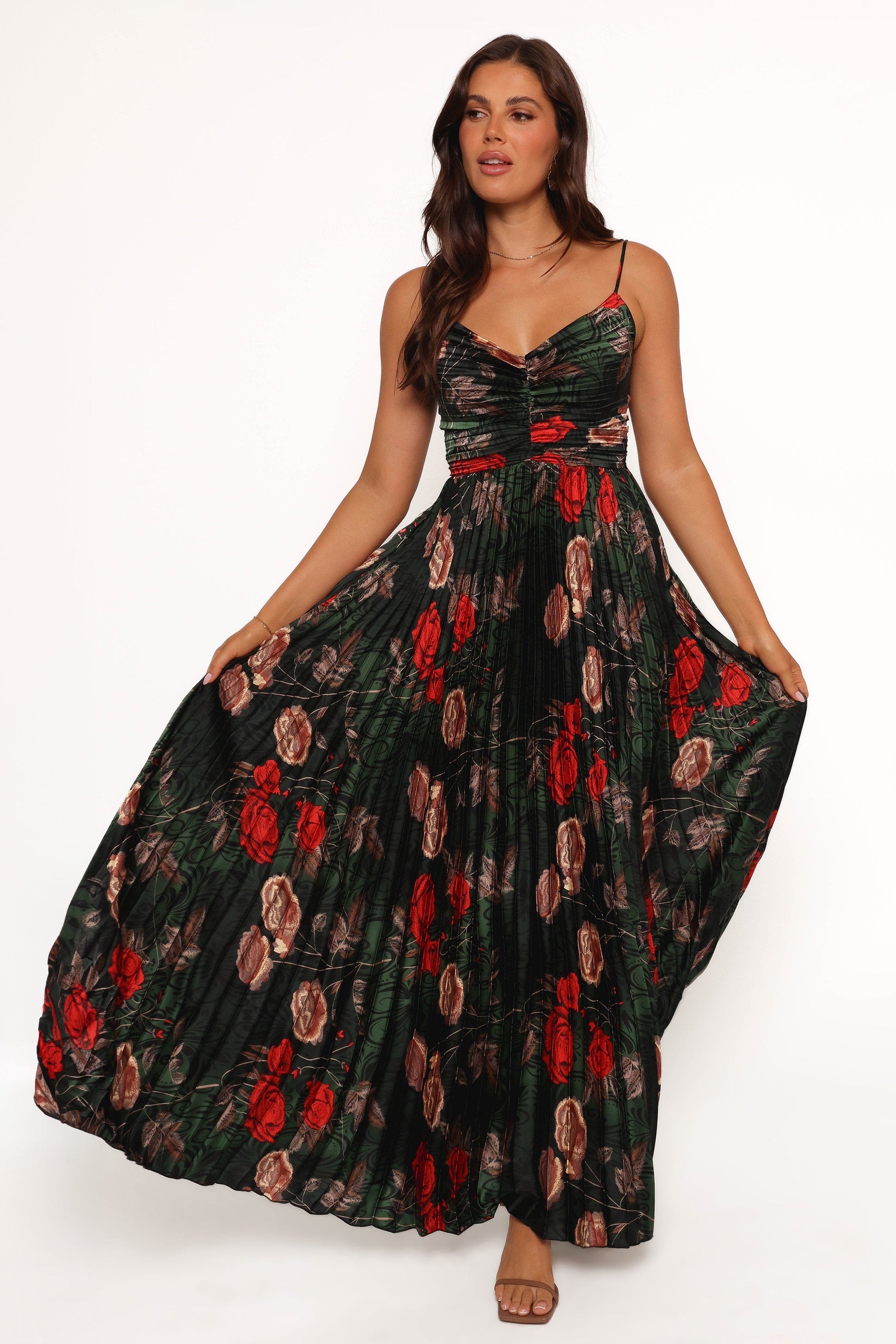 Naira Pleated Maxi Dress Green Floral 2