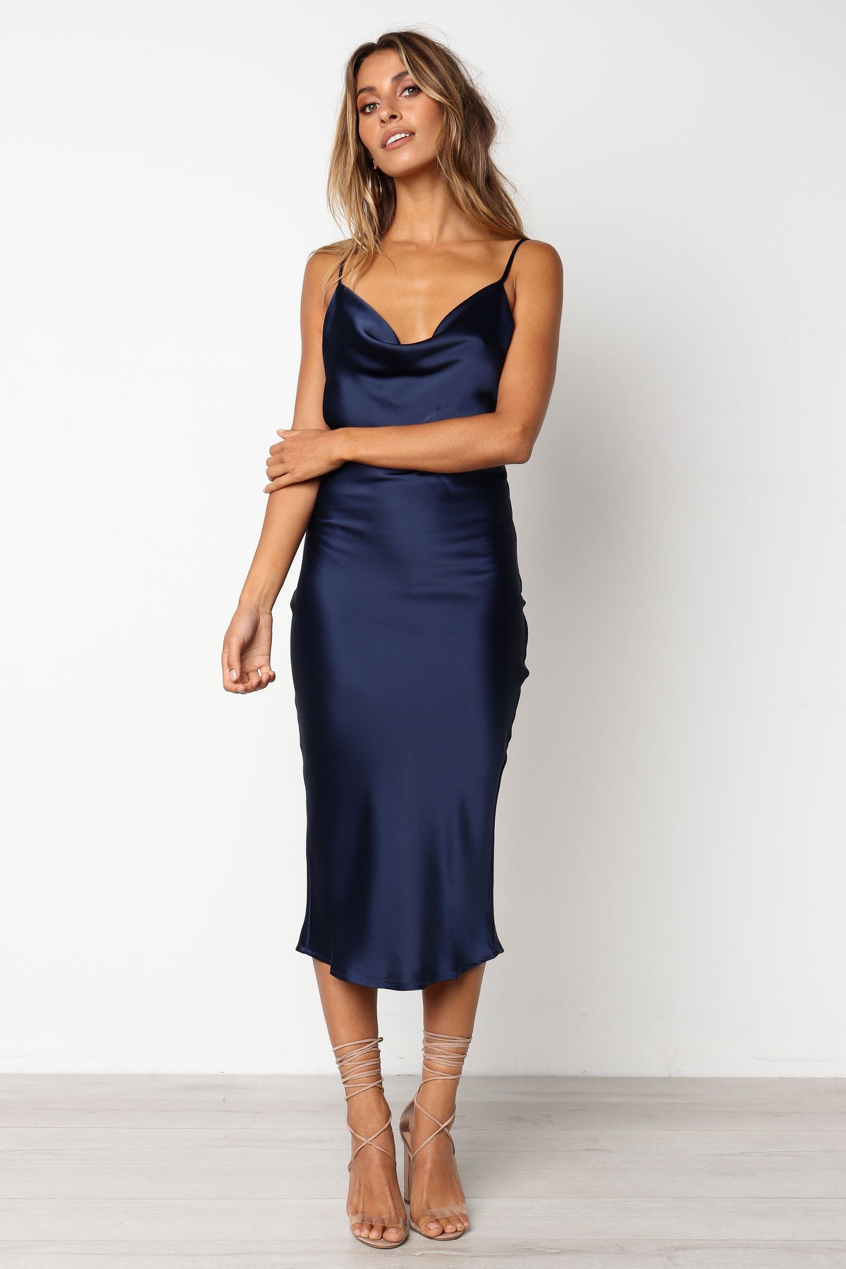 Persia Satin Midi Dress in Sage Navy 7