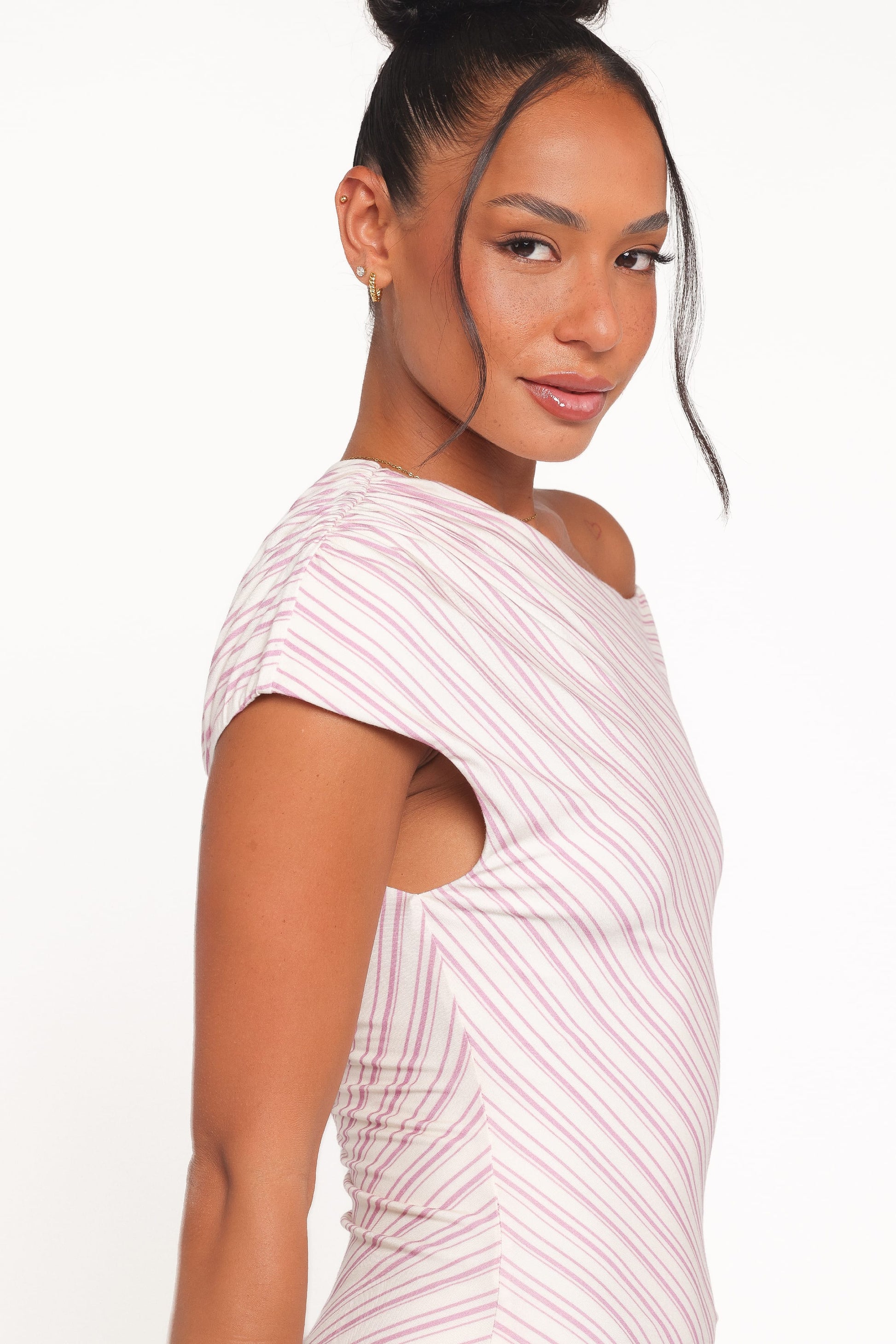 Rosalie Off-Shoulder Mini Dress Pink Stripe 3