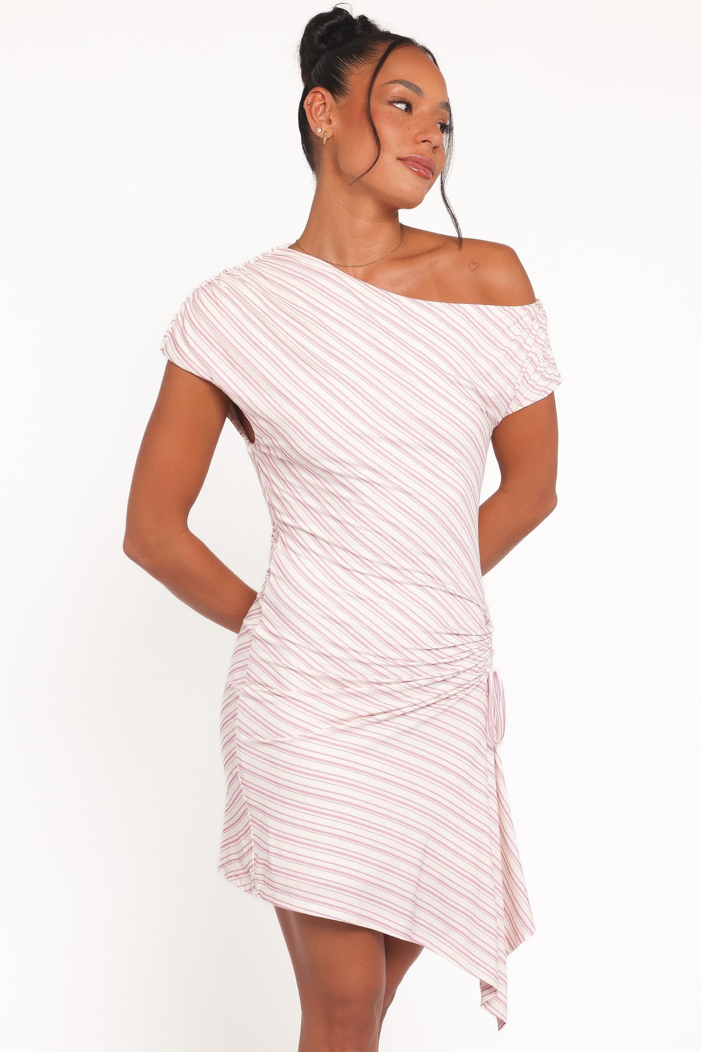 Rosalie Off-Shoulder Mini Dress Pink Stripe 2