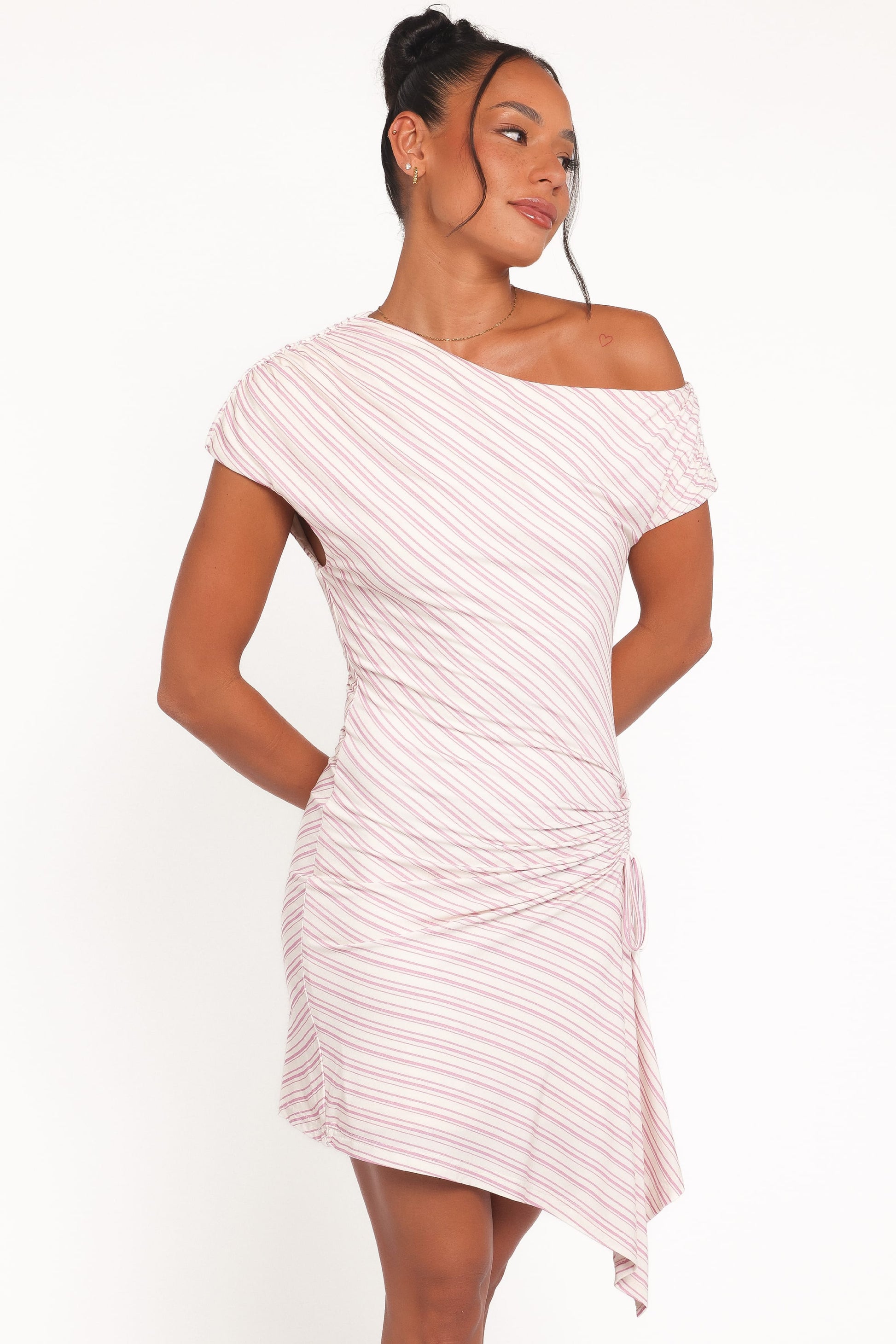 Rosalie Off-Shoulder Mini Dress Pink Stripe 2
