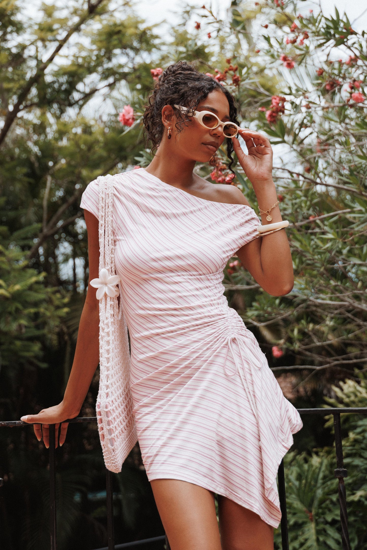 Rosalie Off-Shoulder Mini Dress Pink Stripe 1