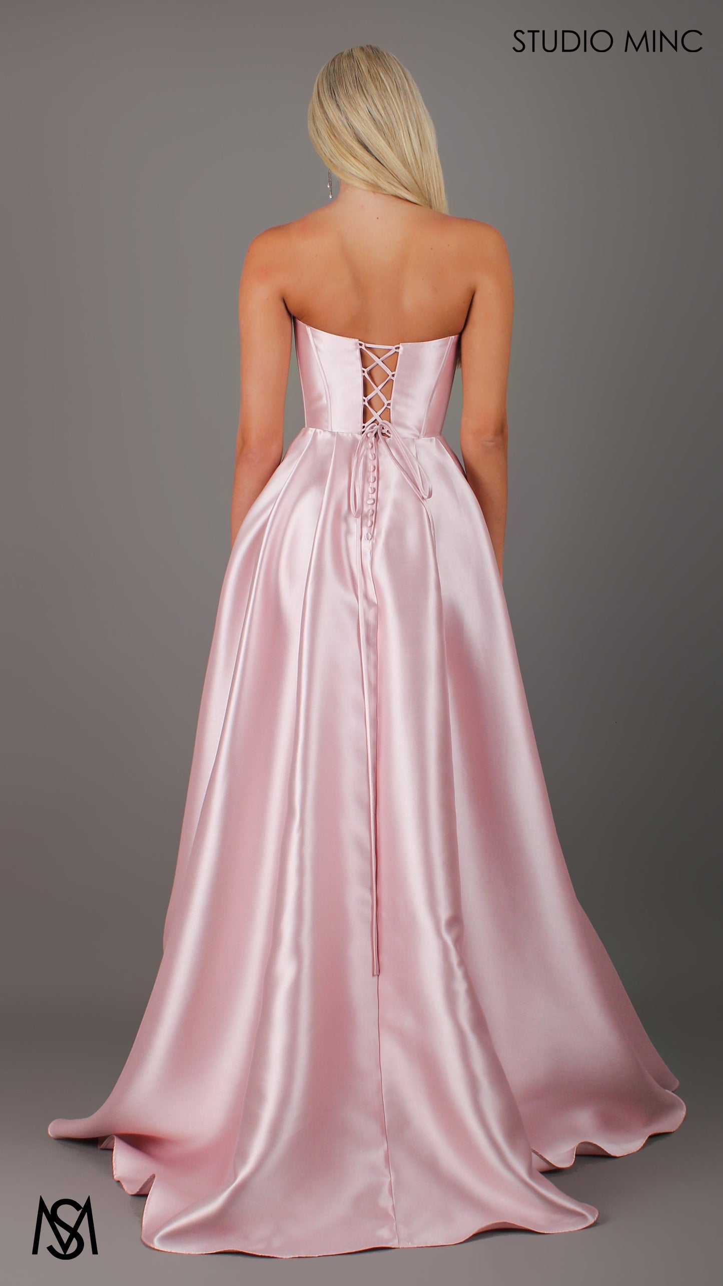 Honey Mikado Ball Gown Light Pink formal Dress | Strapless corset pearl detail Mikado satin ball gown 4