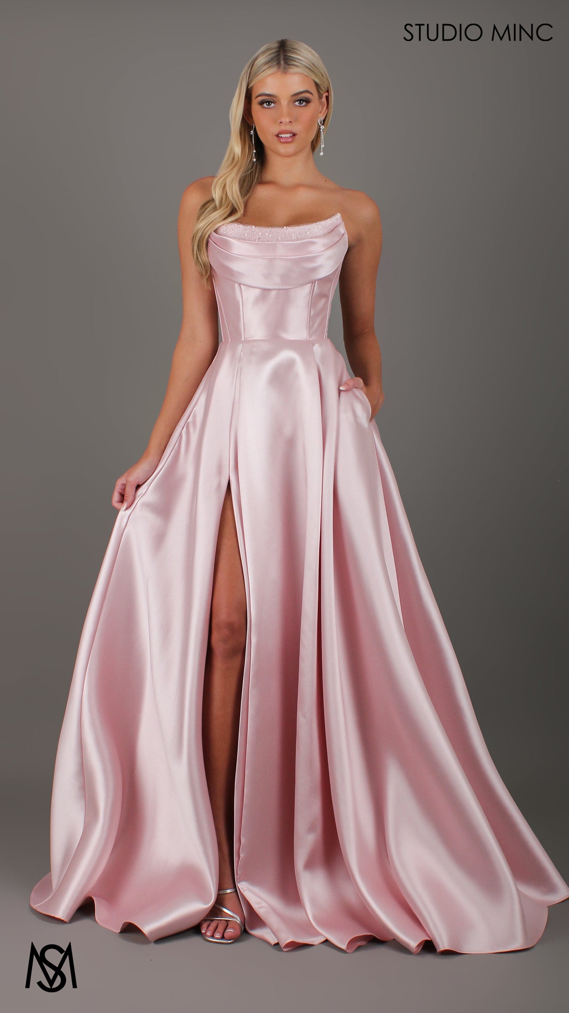 Honey Mikado Ball Gown Light Pink formal Dress | Strapless corset pearl detail Mikado satin ball gown 3