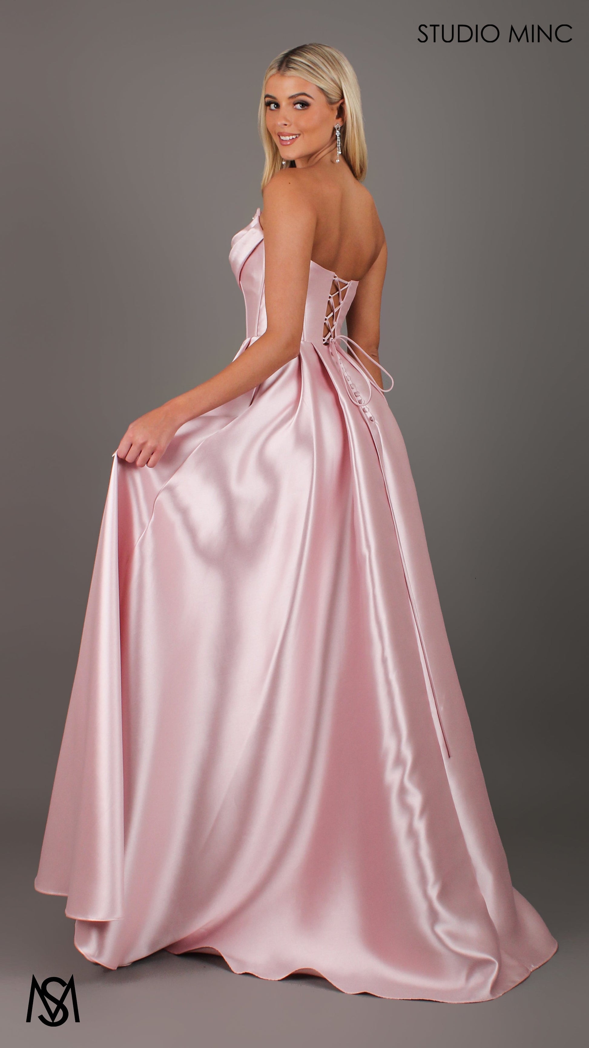 Honey Mikado Ball Gown Light Pink formal Dress | Strapless corset pearl detail Mikado satin ball gown 2