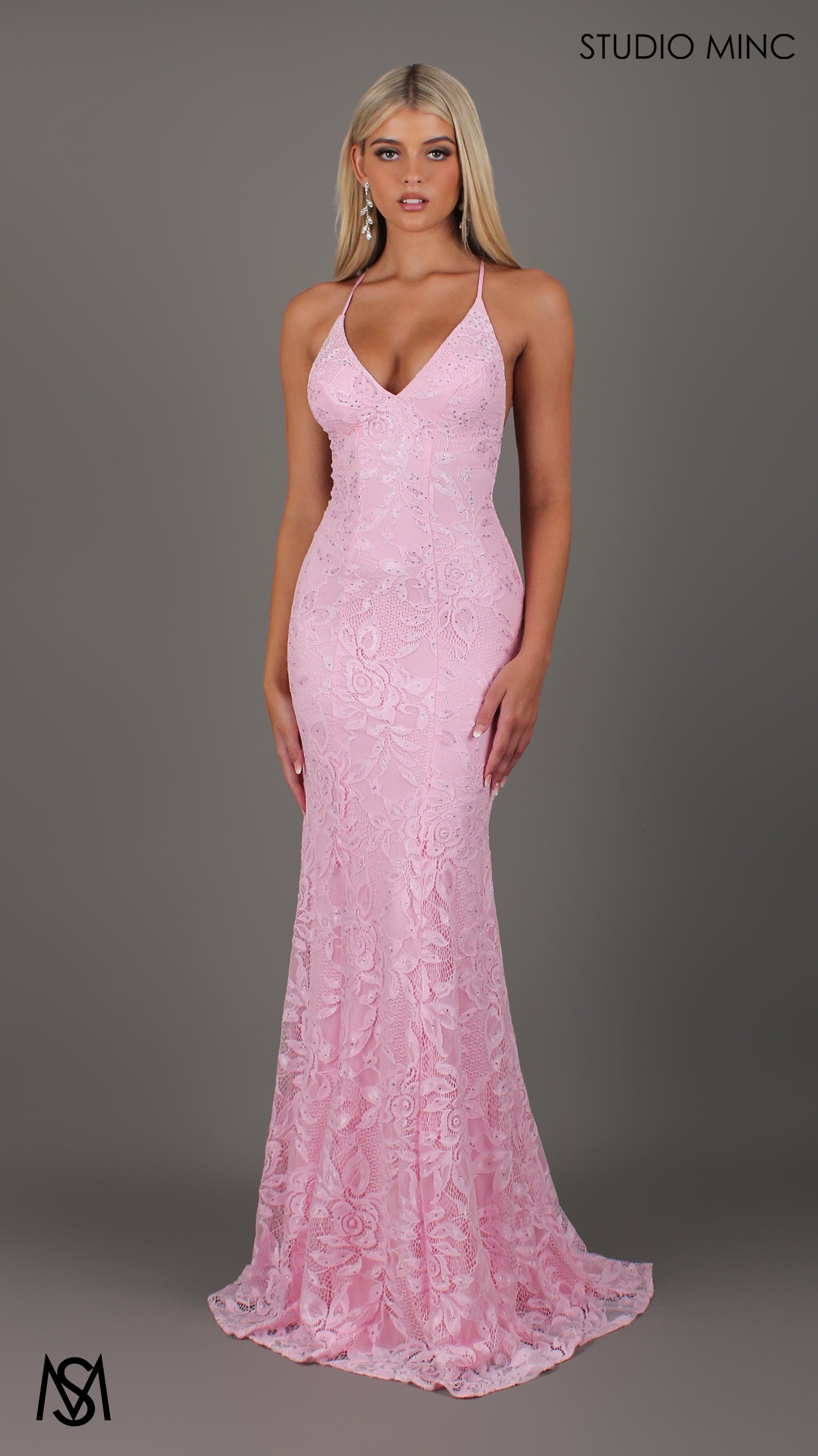 Jasmine Lace Mermaid Dress Light Pink formal dress | lace V neckline fitted mermaid lace up 3