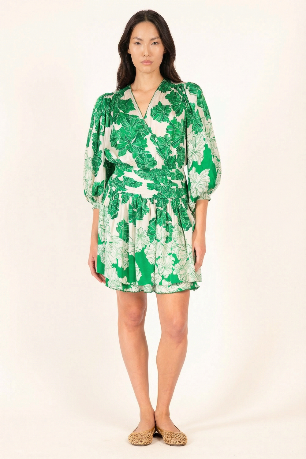 Colleen Jacquard Mini Dress Green Flower Bunch 2