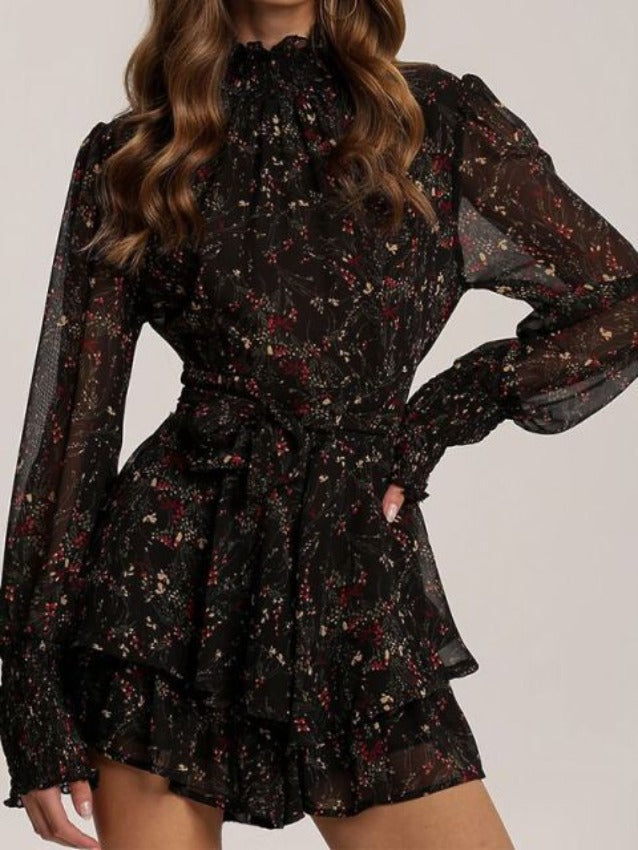 Leila Floral Midi Dress in Black Black & Gray 1