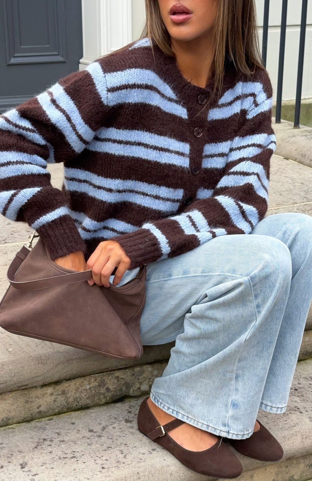 Olivia Striped Knit Cardigan Chocolate 1