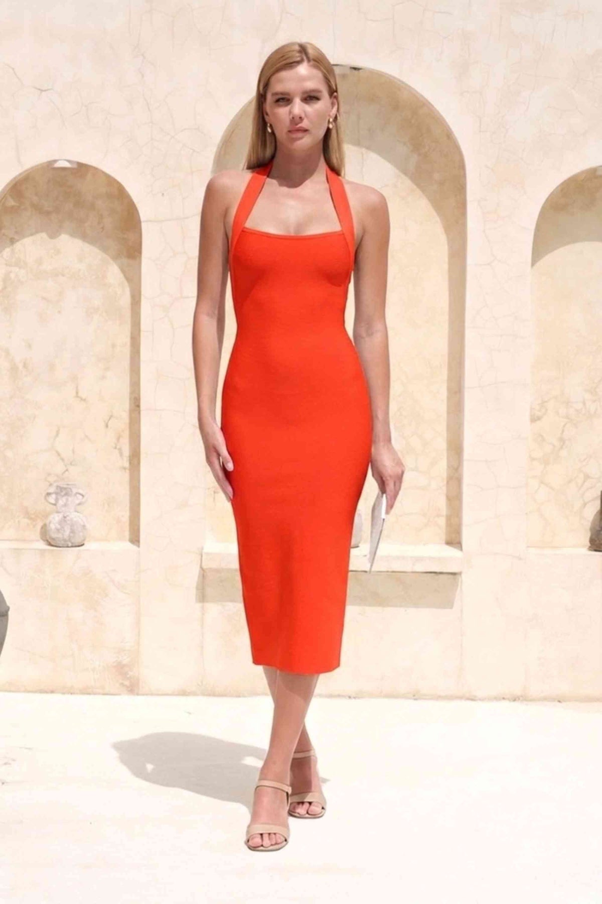 Raya Bodycon Midi Dress in Black Lipstick Red 3