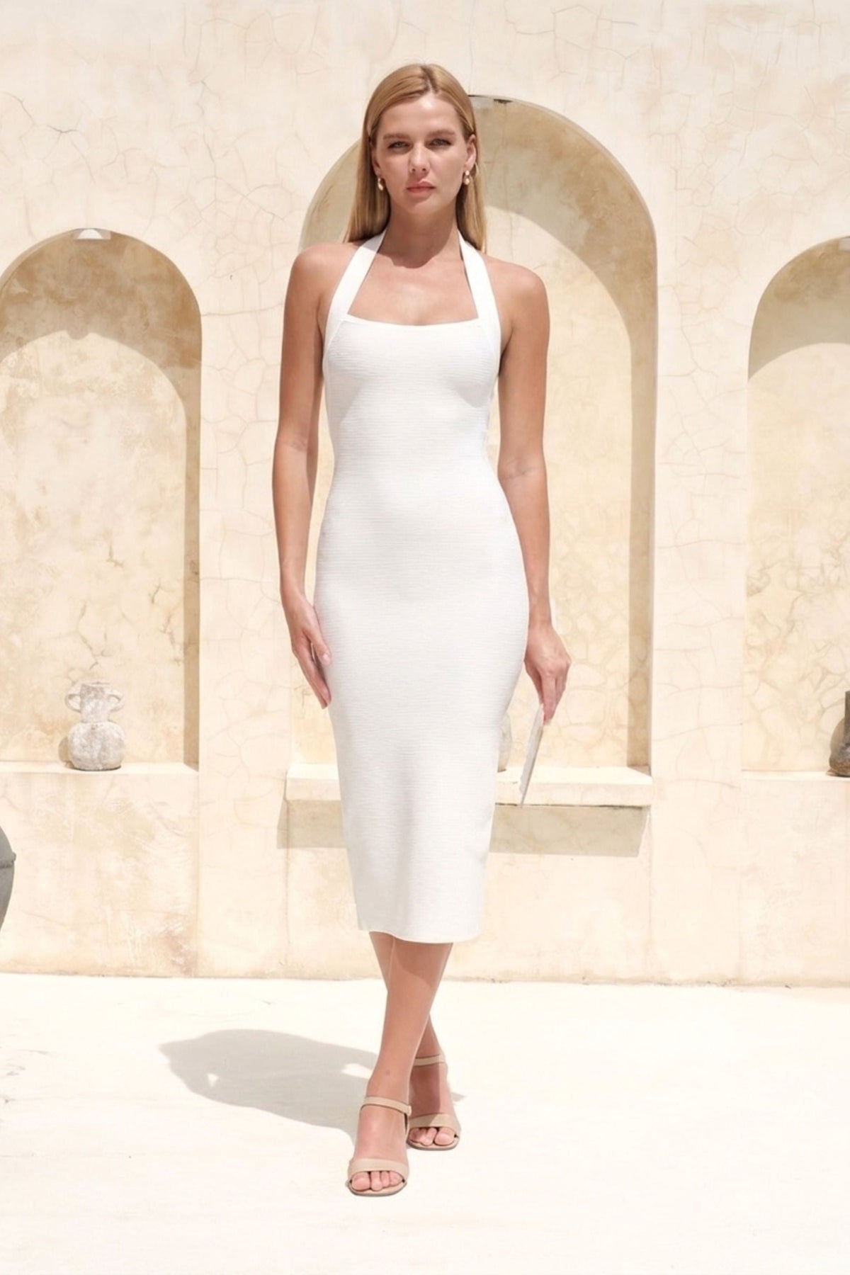 Raya Bodycon Midi Dress in Black White Pearl 3