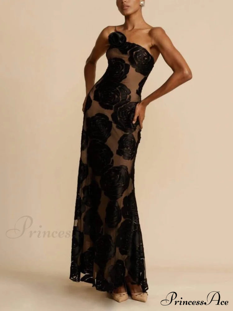 Rose 3D Floral Maxi Dress Black 2