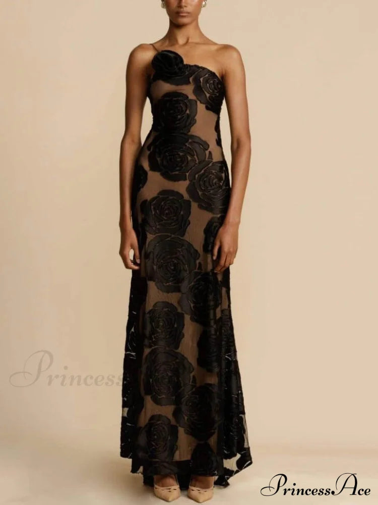 Rose 3D Floral Maxi Dress Black 4