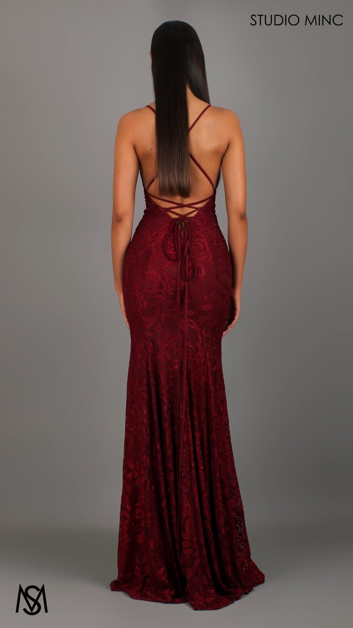 Jasmine Lace Mermaid Dress Maroon Red formal dress | lace V neckline fitted mermaid lace up 2