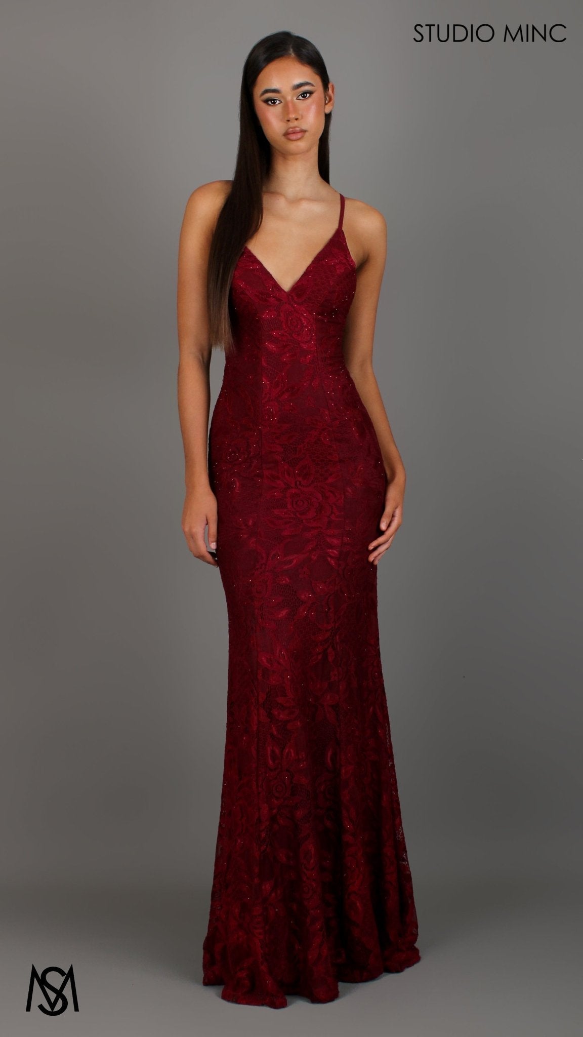 Jasmine Lace Mermaid Dress Maroon Red formal dress | lace V neckline fitted mermaid lace up 4