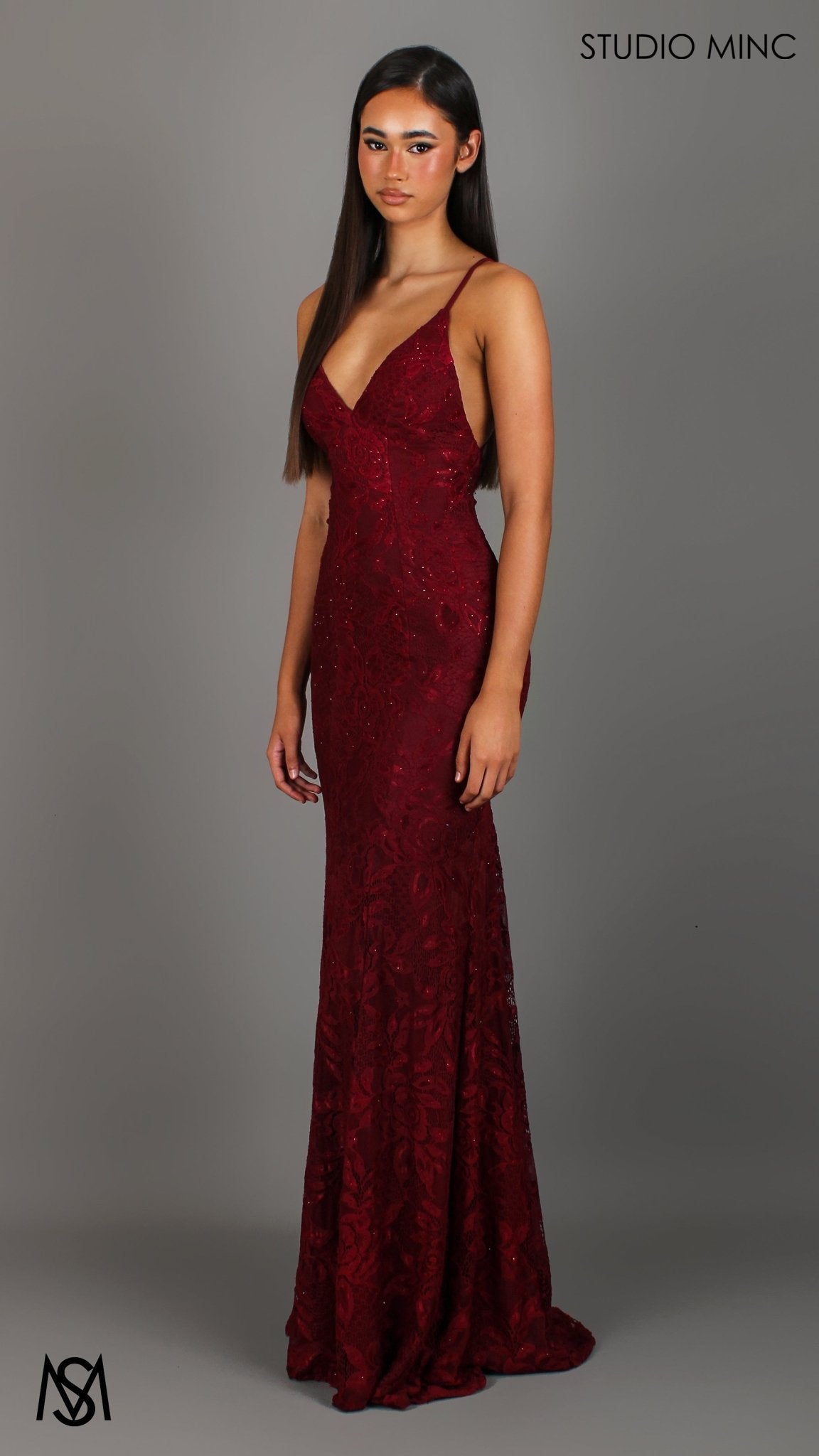 Jasmine Lace Mermaid Dress Maroon Red formal dress | lace V neckline fitted mermaid lace up 3