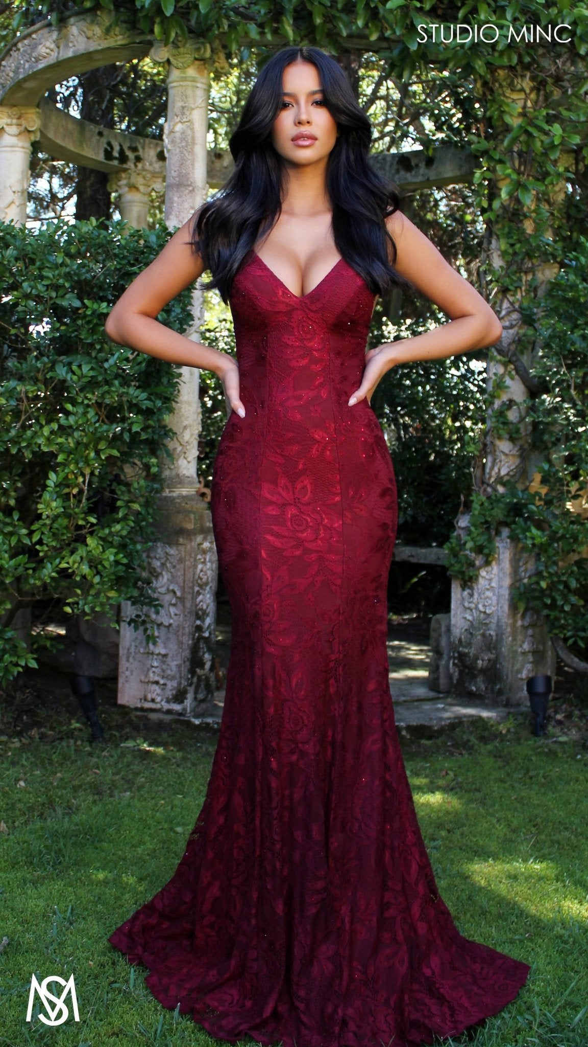 Jasmine Lace Mermaid Dress Maroon Red formal dress | lace V neckline fitted mermaid lace up 1