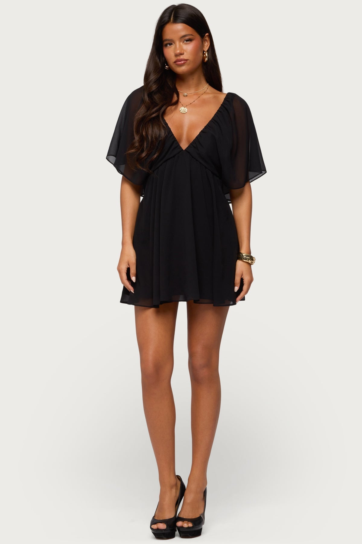 Rosalee Chiffon Babydoll Mini Dress BLACK 1