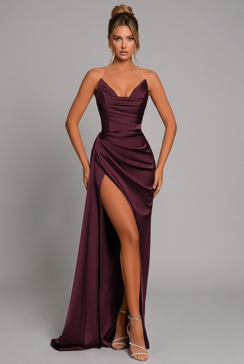 Seraphina Satin Ruched Maxi Dress Black 1