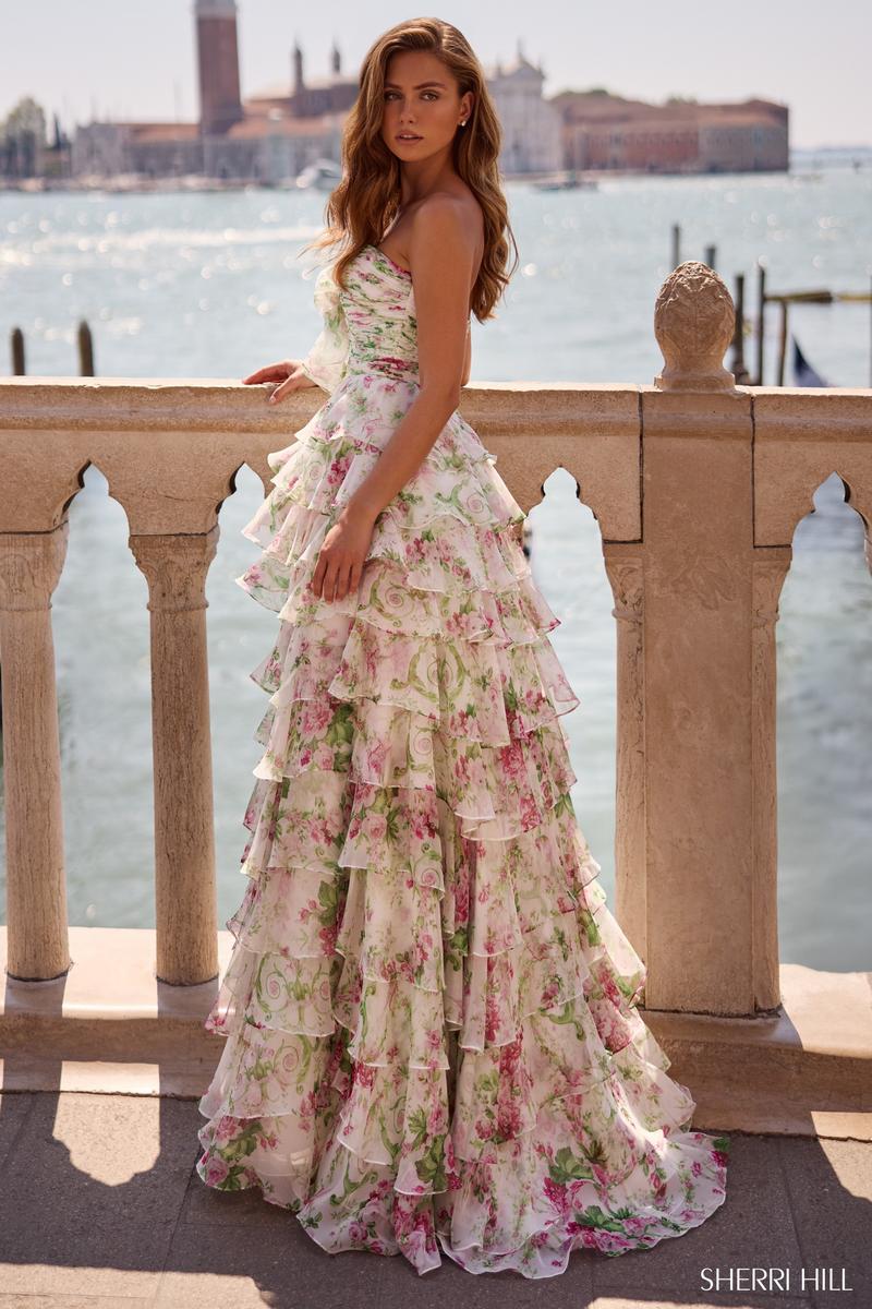 Evangeline Printed Silk Prom Dress ivory/green pink print 2