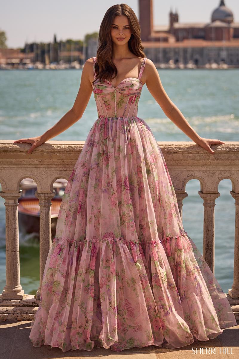 Ophelia Illusion Floral Prom Dress Light Pink Print 1
