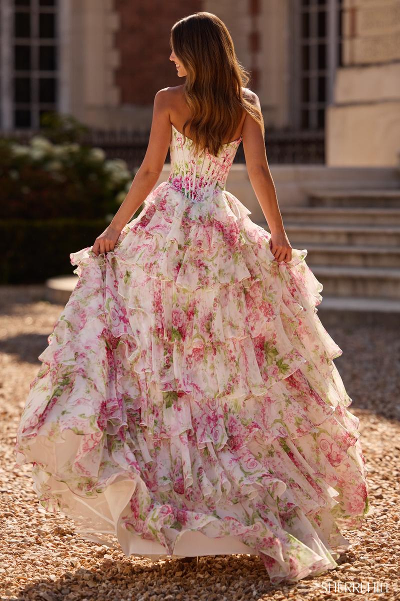 Isabelle Floral Ruffle Prom Dress Ivory/Pink/Green Print 4