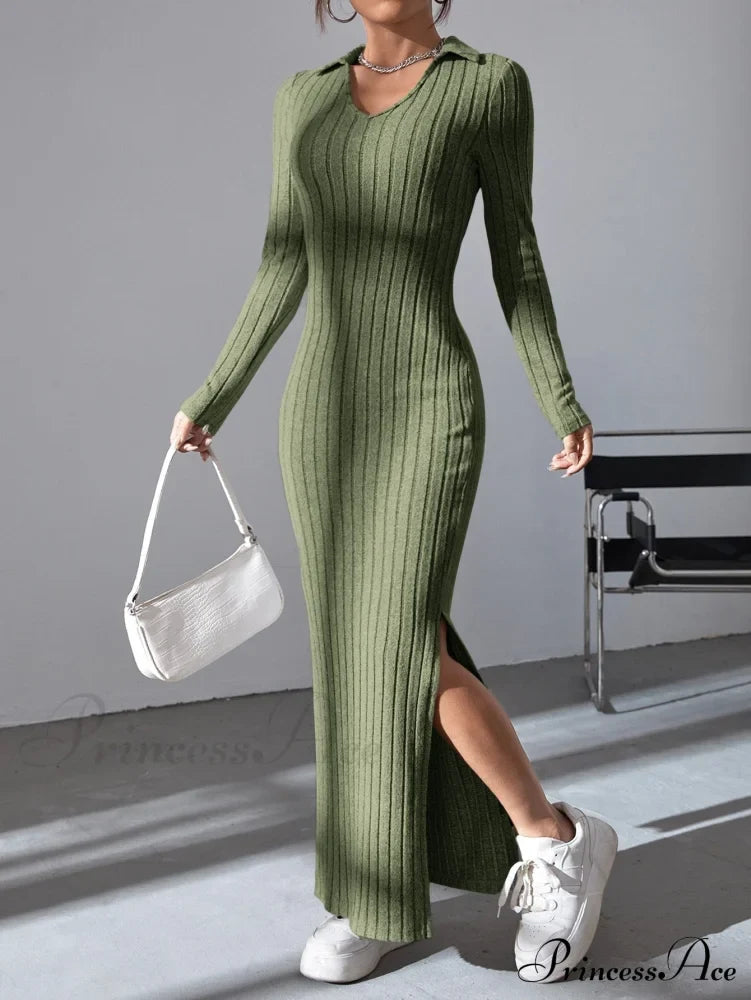 Saffron Ribbed Knit Dress Army Green 7