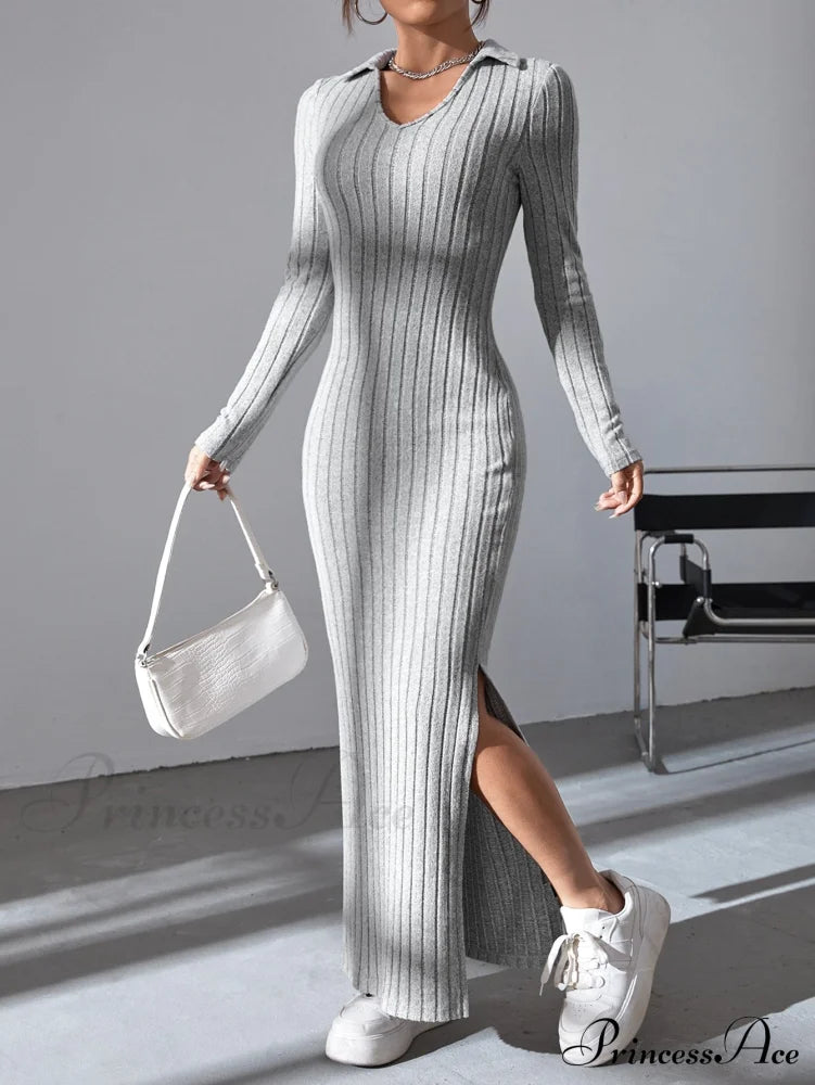 Saffron Ribbed Knit Dress Light Grey 6