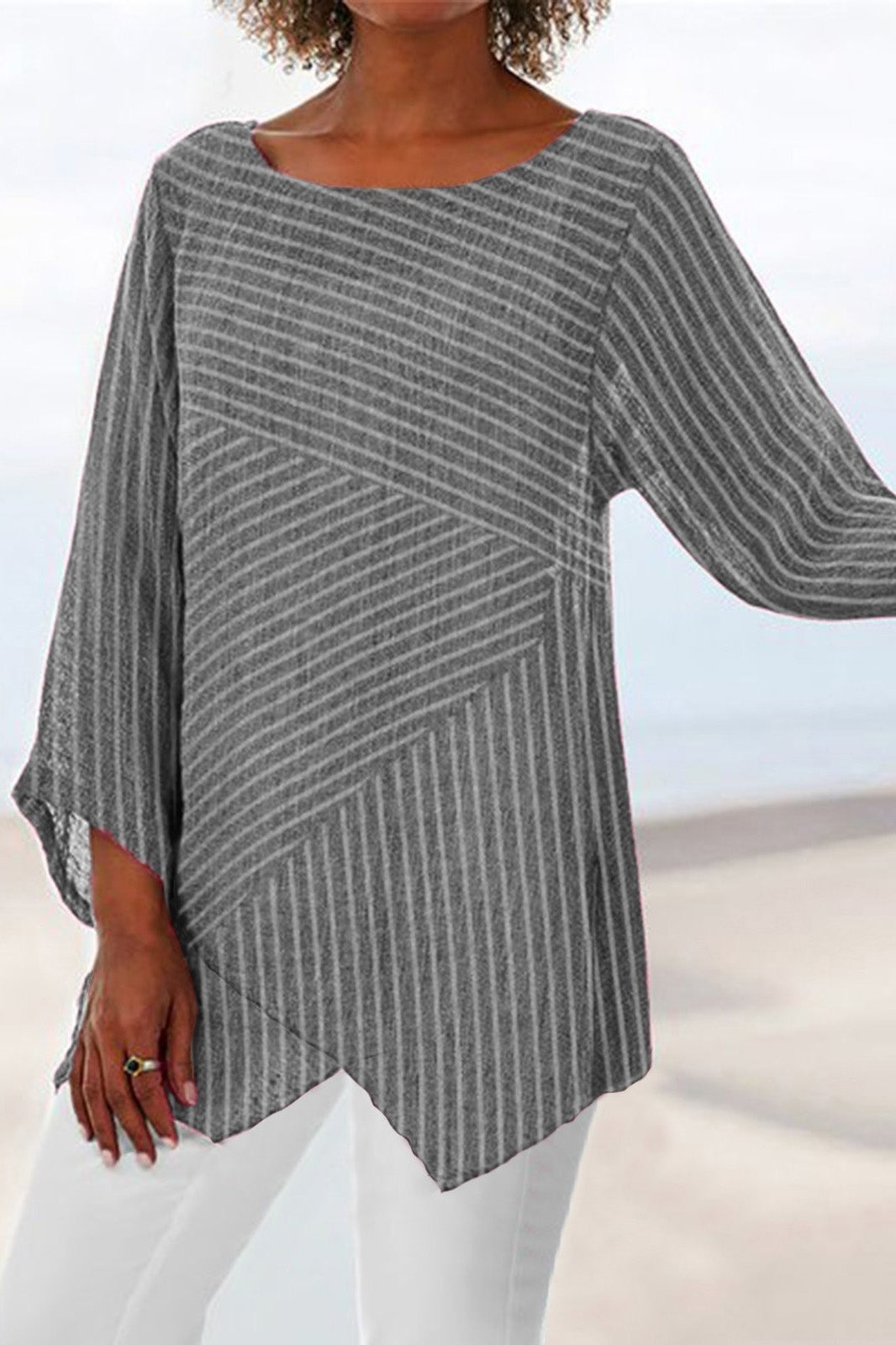 Colette Striped Crew Neck Blouse Gray 8