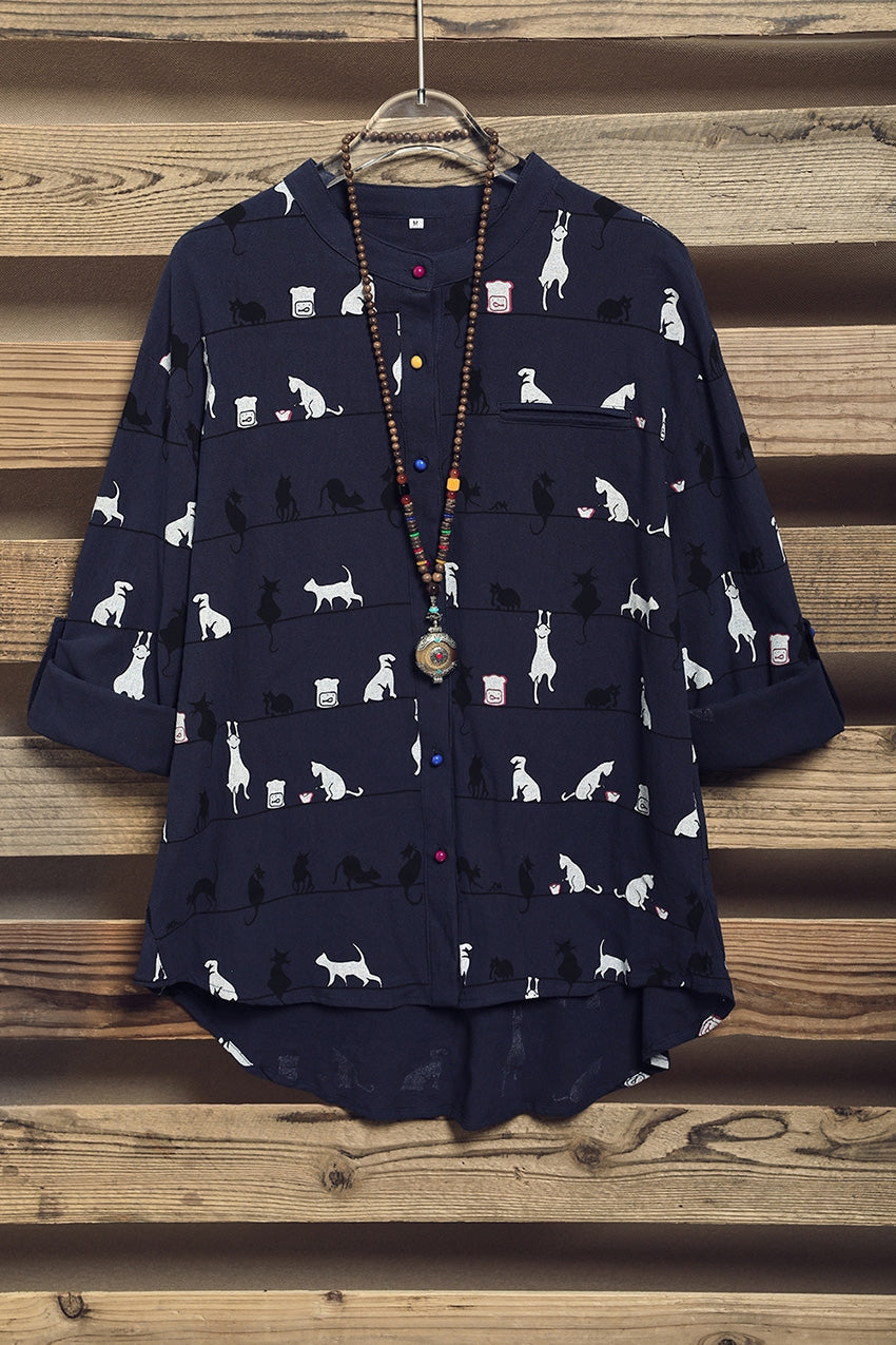 Margot Cat Print Shirt Dress Red 7